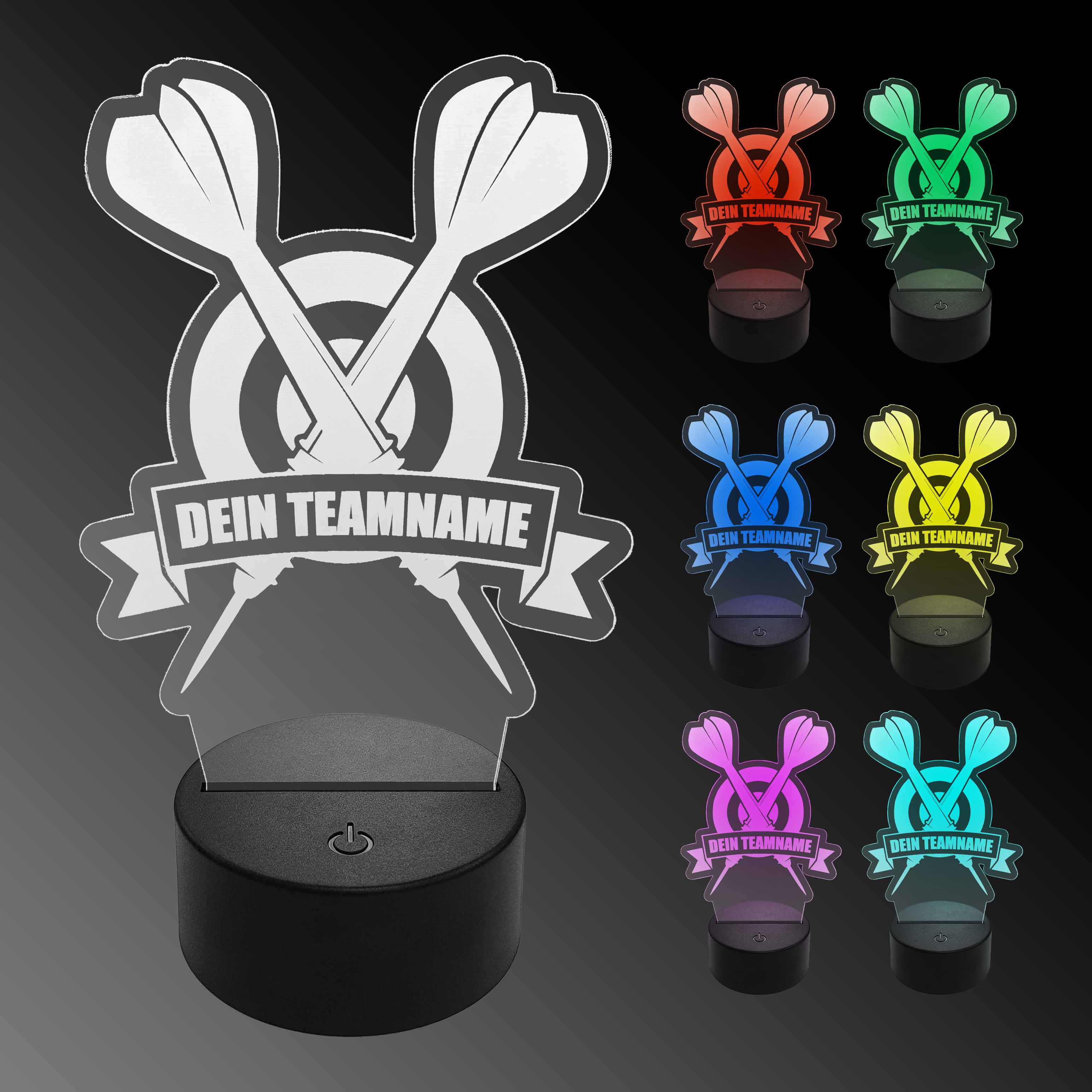 Lampe à fléchettes LED en plexiglas avec texte personnalisé Das Bild zeigt eine LED-Lampe in Form von zwei gekreuzten Dartpfeilen mit der Aufschrift "Dein Teamname". Rechts daneben sind die Lampe in sechs verschiedenen Farben (Rot, Grün, Blau, Gelb, Pink und Türkis) abgebildet.