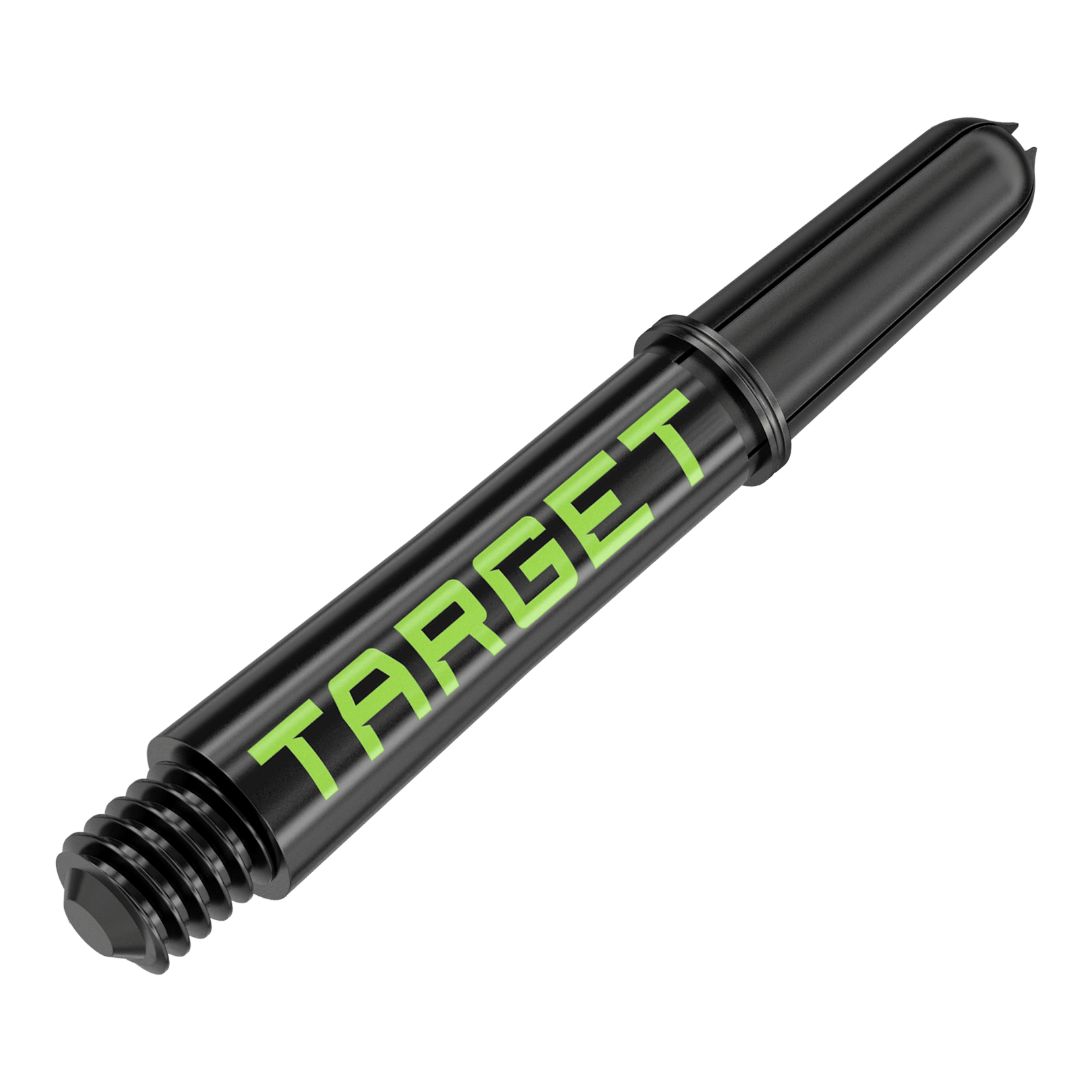 Dies ist ein schwarzer Dartschaft mit grünem "TARGET"-Schriftzug. Er hat ein Schraubgewinde an einem Ende und ist 34 mm lang.