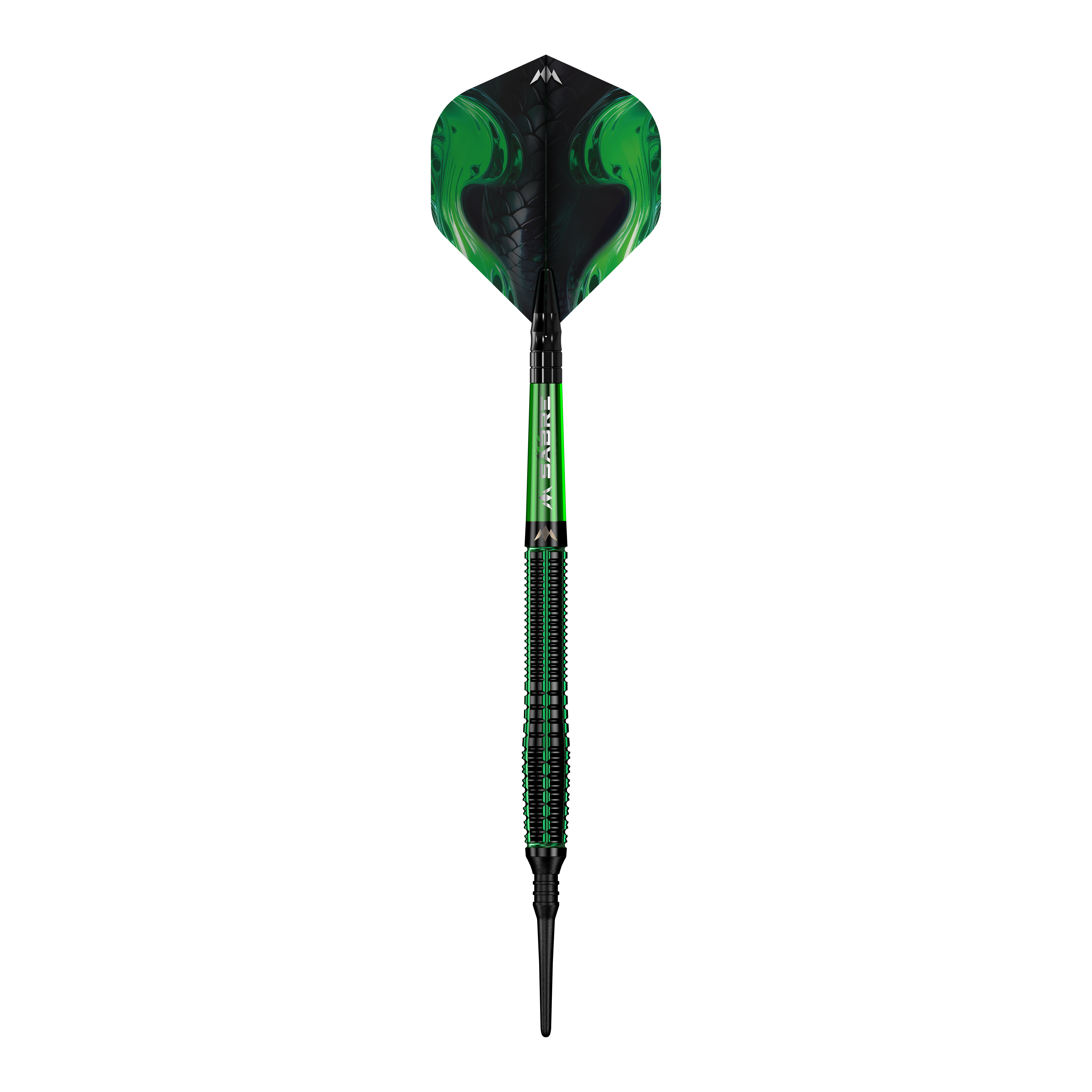 Fléchettes souples Mission Venom - 20 g Das Bild zeigt einen Softdart namens "Mission Venom Softdarts - 20g". Der Dart ist überwiegend schwarz und grün gestaltet und hat ein auffälliges, modernes Design.