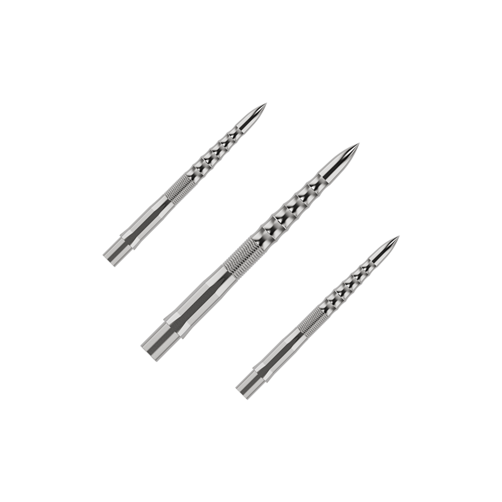 Embouts de fléchettes Mission Caliburn EVO - Ripple - Argent Auf dem Bild sind drei silberne Steeldartspitzen mit einem strukturierten Griff zu sehen. Sie sind in einem Set angeordnet und haben ein modernes, geriffeltes Design.