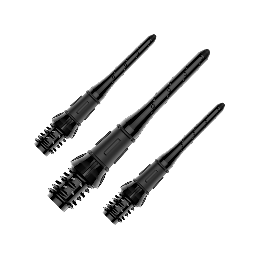 Premium Lippoints (30er Pack) - Spitzen Das Bild zeigt drei schwarze Dartspitzen, die nebeneinander angeordnet sind. Sie haben eine strukturierte, geriffelte Basis und eine glatte, längliche Spitze.