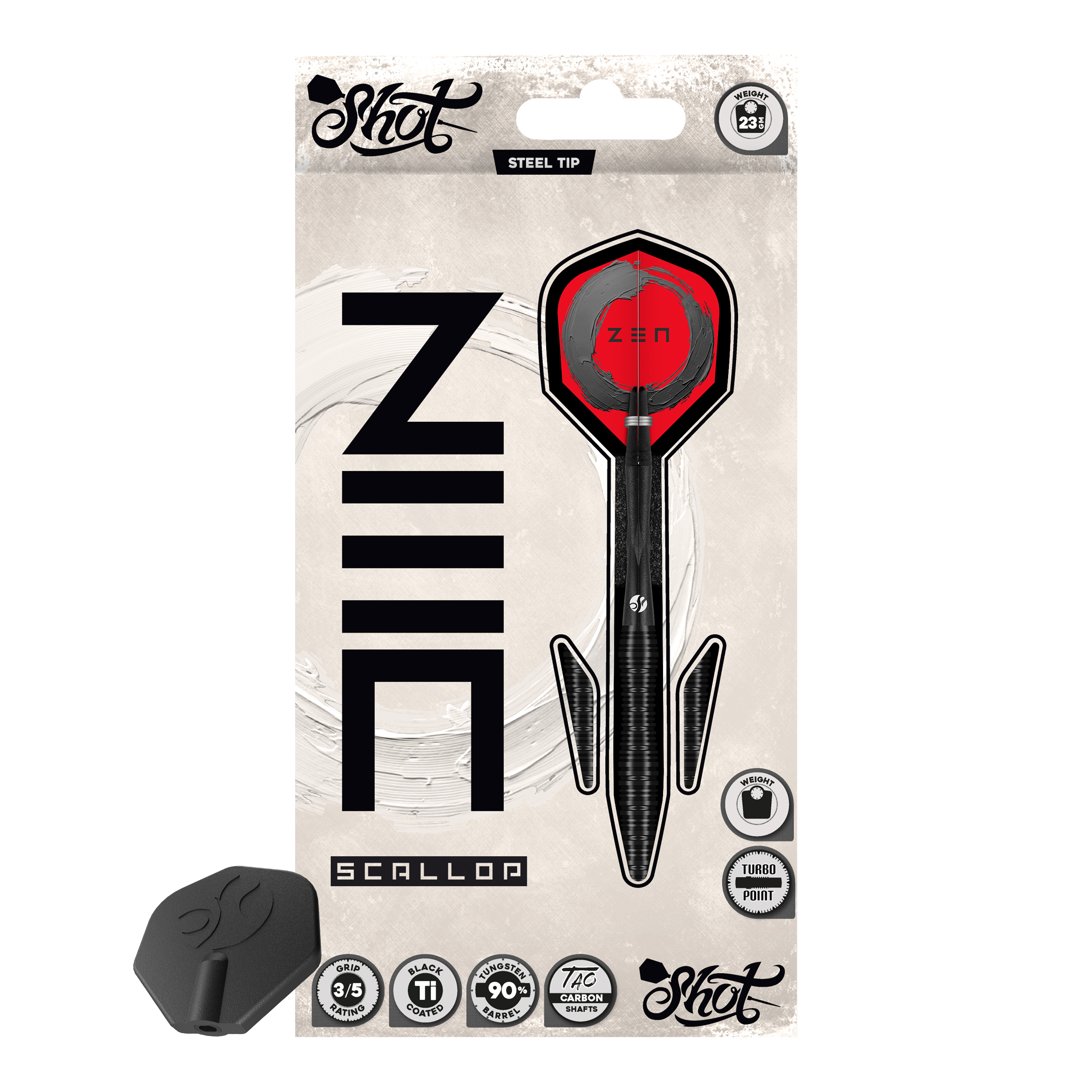 Fléchettes en acier Shot ZEN Scallop Turbo Point - 23 g Dieses Bild zeigt die Shot ZEN Scallop Turbo Point Steeldarts - 23g aus einer weiteren Ansicht. Die Darts zeichnen sich durch hochwertige Verarbeitung aus.