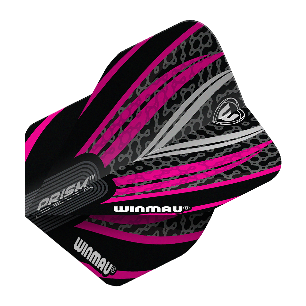 Volets standard Winmau Prism Delta Noir Blanc Rose n° 2 Das Bild zeigt ein Winmau Prism Delta No2 Standard Dartflight in den Farben Schwarz, Weiß und Pink. Das Flight hat ein auffälliges, modernes Design mit grafischen Mustern und dem Winmau-Logo.