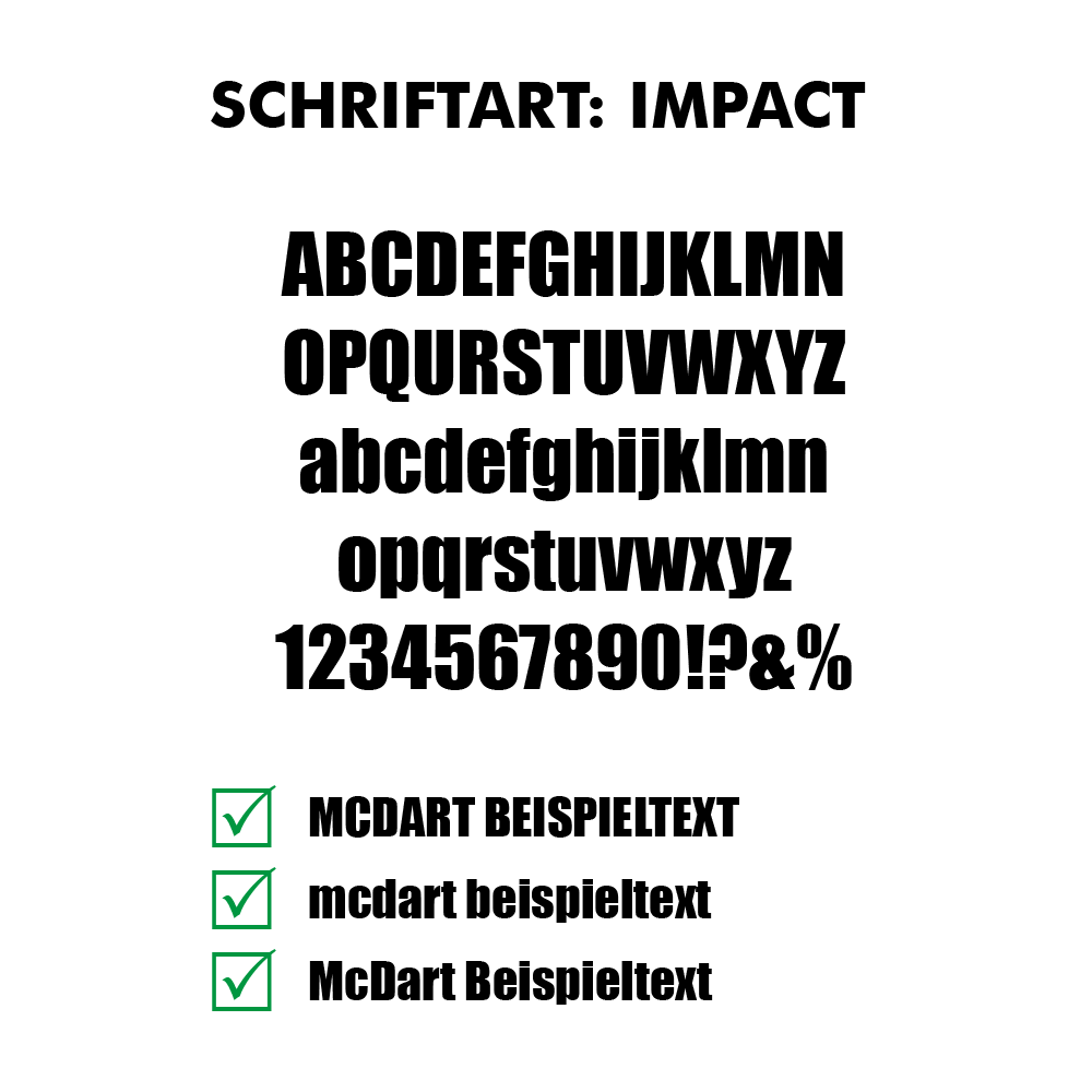 Flightdruck_Schriftart_Impact Flugbeispiel für Dart mit Impact-Schrift. Das Motiv zeigt fette Linien und klare Konturen.