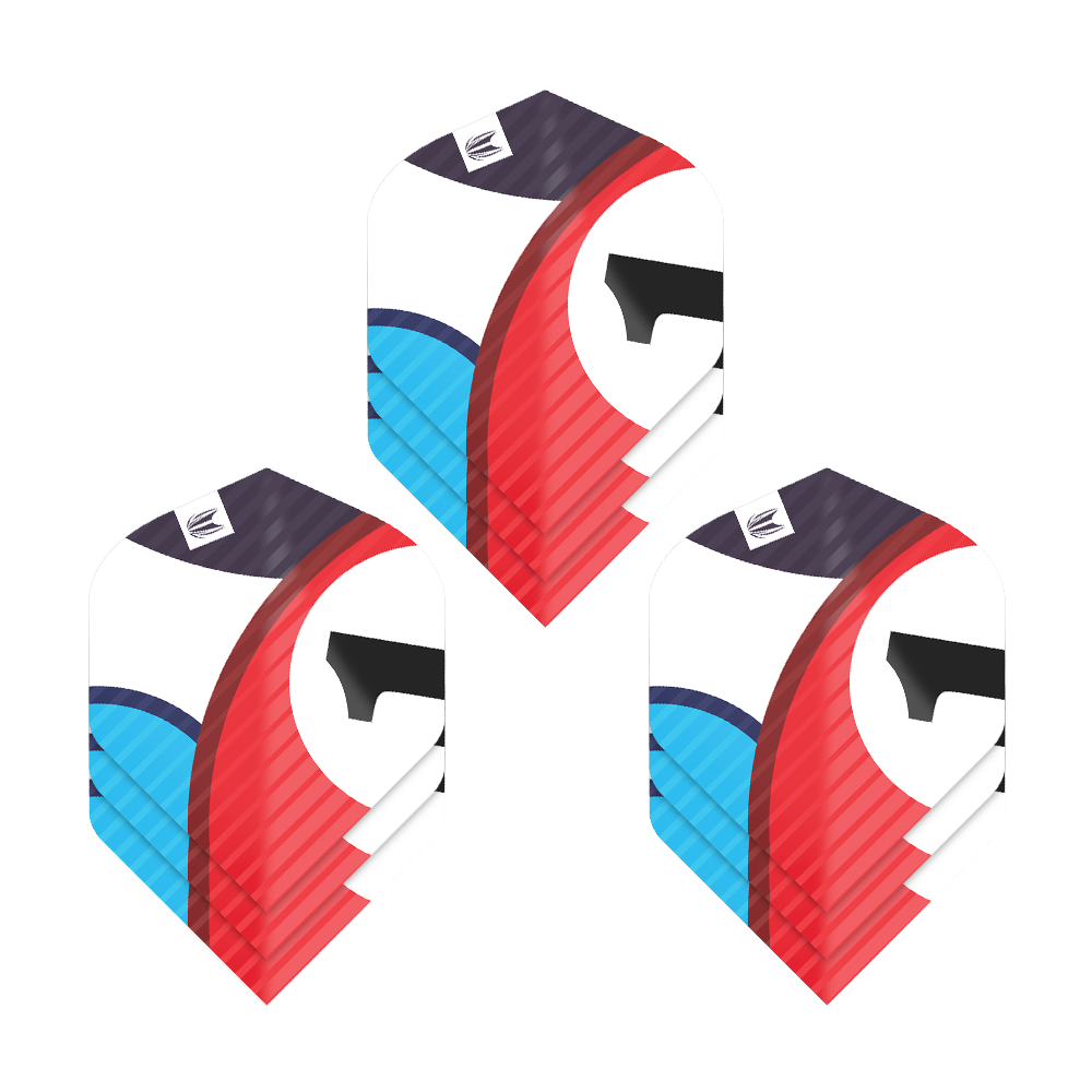 Das Bild zeigt drei Sätze Target Pro Ultra Chicane Blue No2 Standard Flights für Dartpfeile. Die Flights haben ein auffälliges Design in Blau, Rot, Schwarz und Weiß.