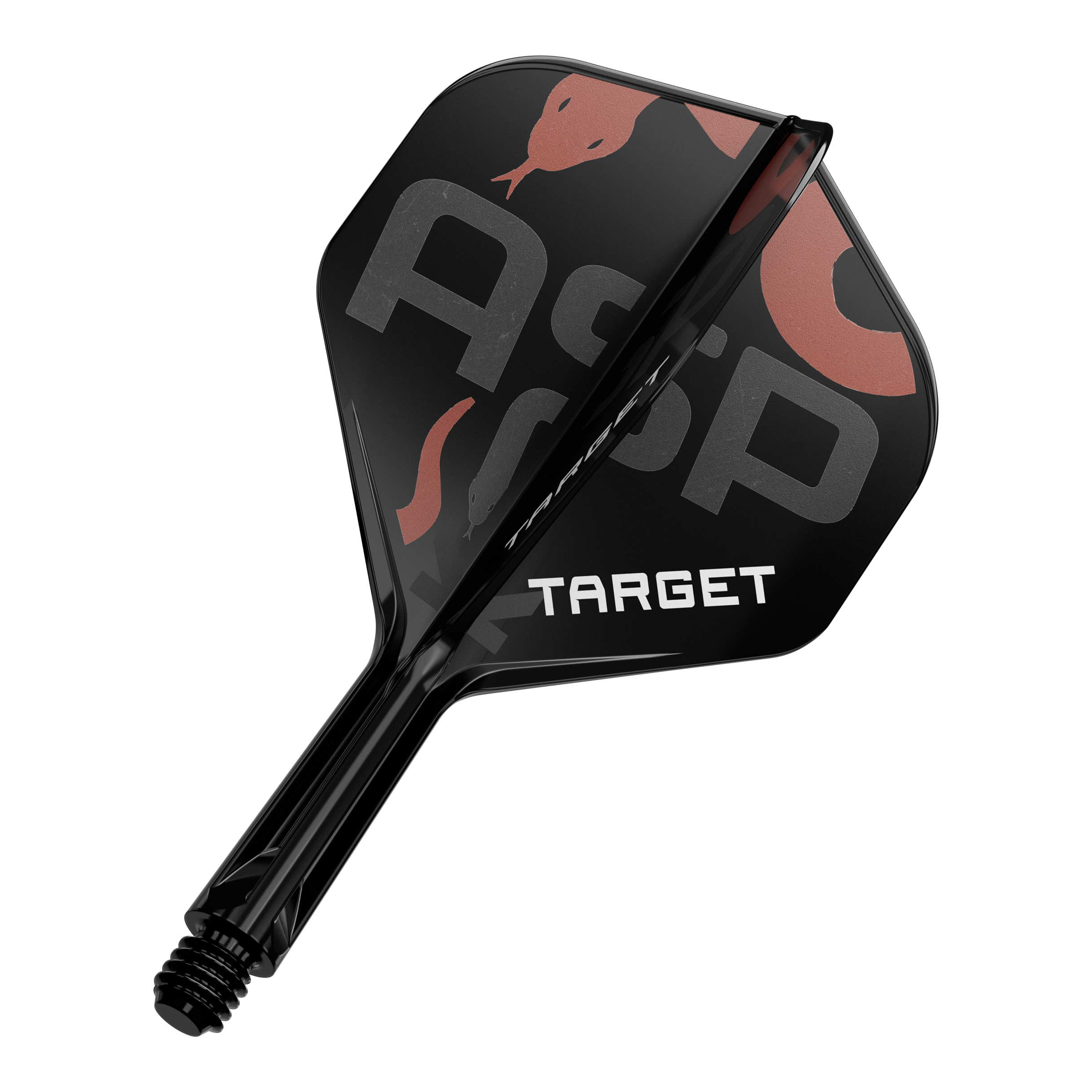 Système de flèche standard Target K-Flex Nathan Aspinall n° 2 Das Bild zeigt ein schwarzes Dart-Flügel- und Schaftsystem mit der Aufschrift "TARGET". Auf dem Flügel sind zudem die Buchstaben "Asp" sowie eine Schlangenabbildung zu sehen.
