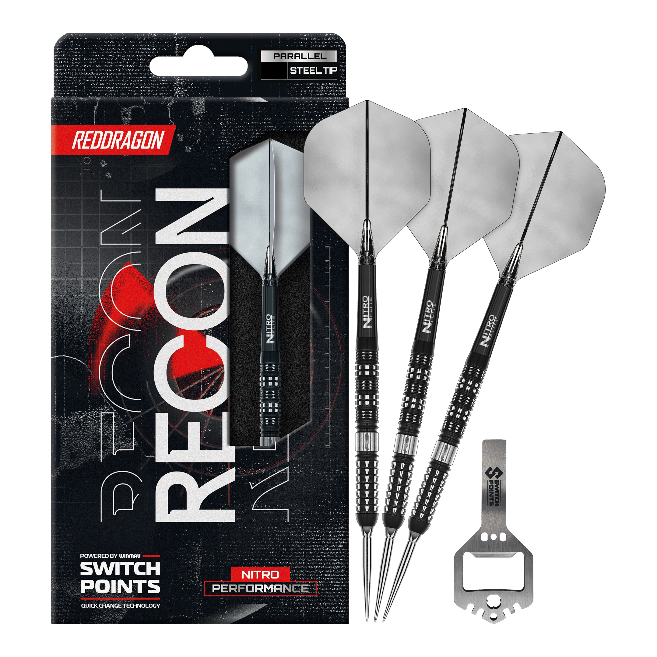 Das Bild zeigt die Red Dragon Recon Parallel Steeldarts in voller Länge. Die Steeldarts haben ein modernes Design.