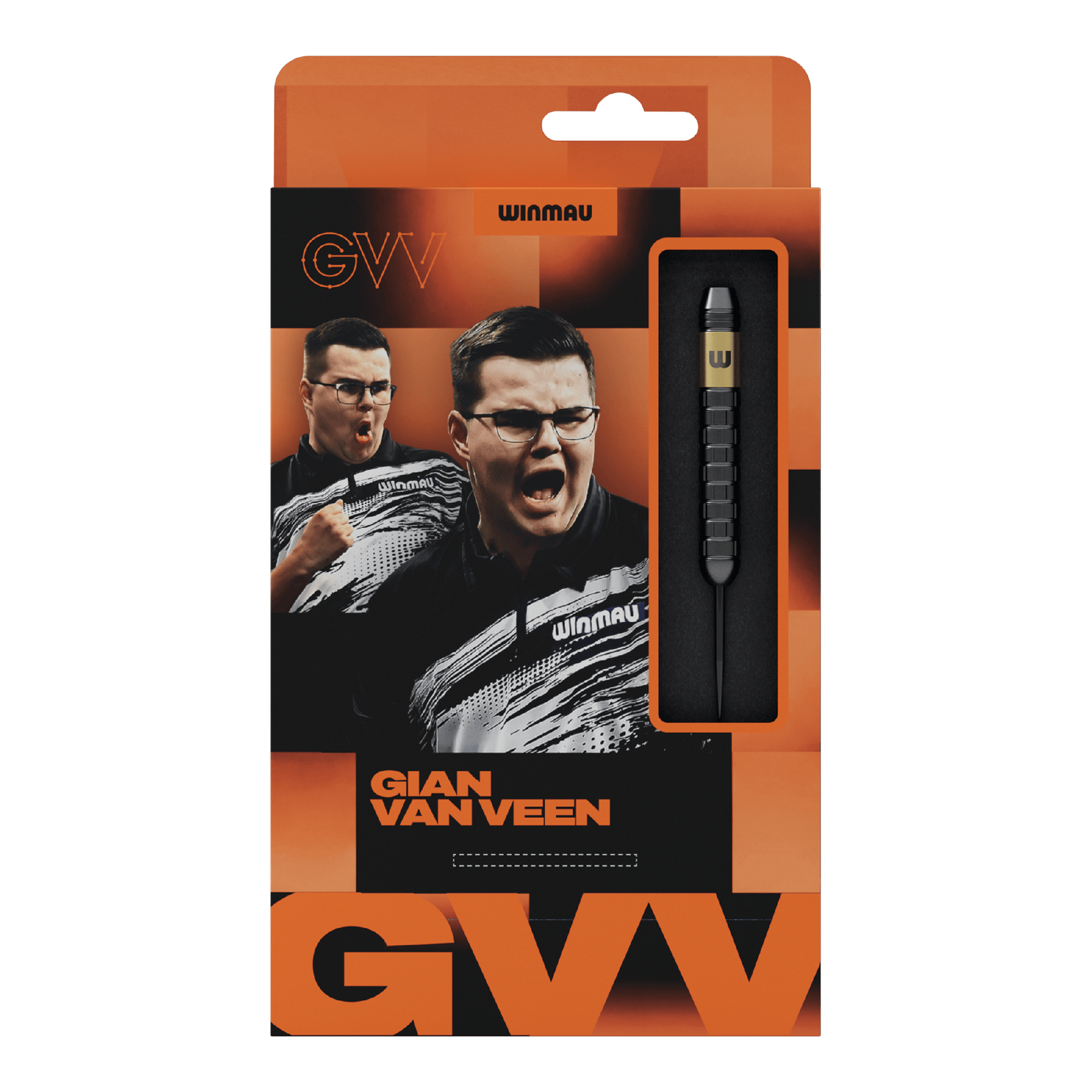 Winmau Gian Van Veen Core Brass Steeldards - 21g Hier wird das Produkt Winmau Gian Van Veen Core Brass Steeldarts mit 21 Gramm gezeigt. Die Steeldarts liegen geordnet nebeneinander.