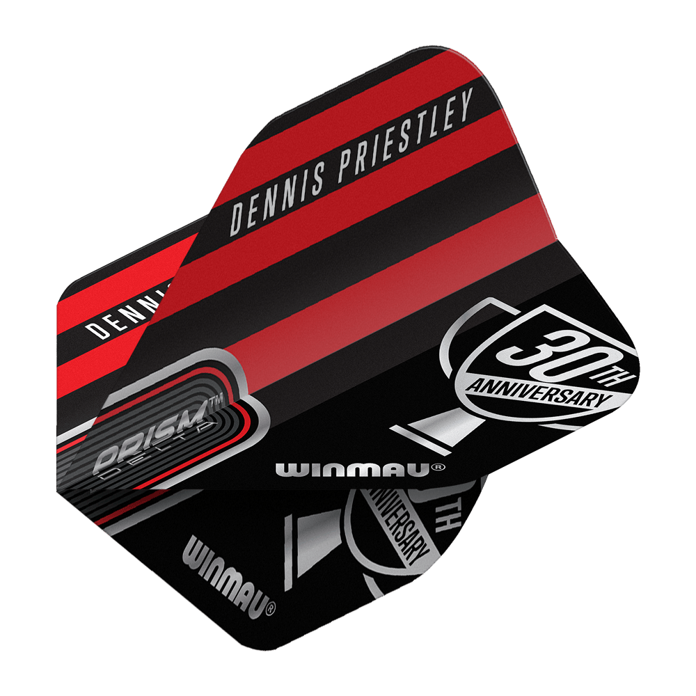 Vols standard Winmau Prism Delta Dennis Priestley Diamond 3-Zero No2 Das Bild zeigt ein Winmau Prism Delta Dart-Flight mit dem Namen "Dennis Priestley". Das Design ist in Schwarz und Rot gehalten und enthält den Schriftzug "30th Anniversary".