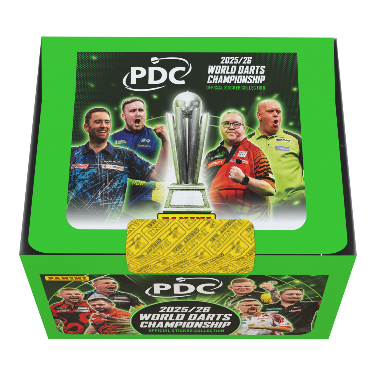 Panini PDC Championnat du monde de fléchettes 2025/26 - Boîte d'autocollants contenant 65 paquets Die Panini PDC World Darts Championship 2025/26 Stickerbox mit 65 Tüten ist zu sehen. Das Bild gibt einen Überblick über die Verpackung und den Inhalt der Box.