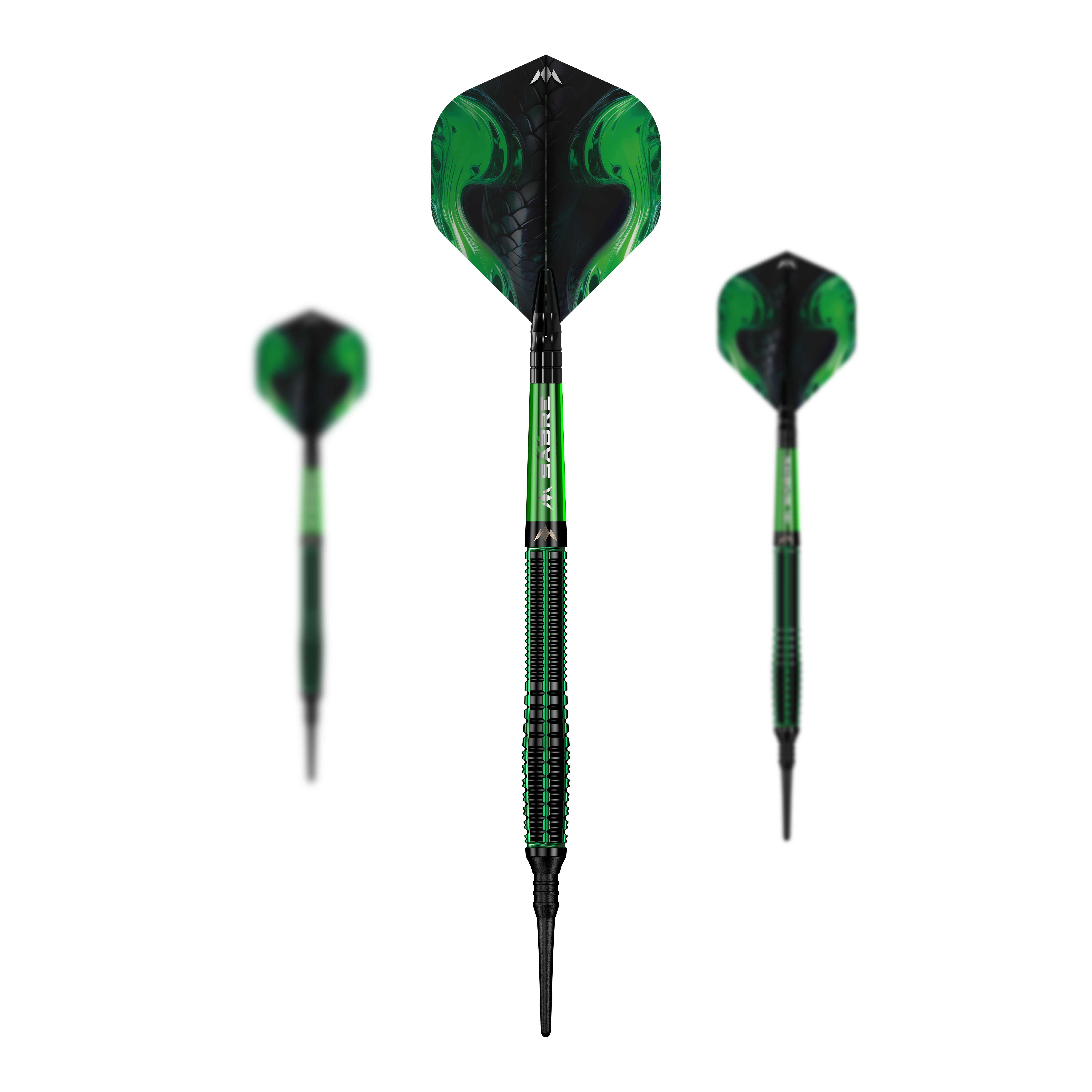 Fléchettes souples Mission Venom - 20 g Das Bild zeigt drei grüne Mission Venom Softdarts mit schwarzen Akzenten. Die Darts haben ein Gewicht von 20 Gramm und ein auffälliges Schlangenmuster auf den Flights.