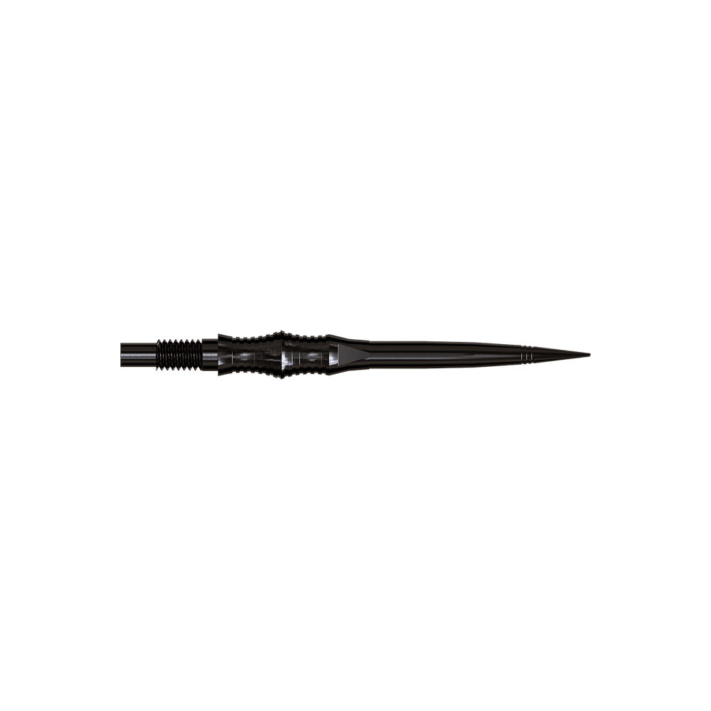 Apex Spire Black Elite Serie Dartspitzen in 30mm werden gezeigt. Die Spitzen sind dunkel und schmal.