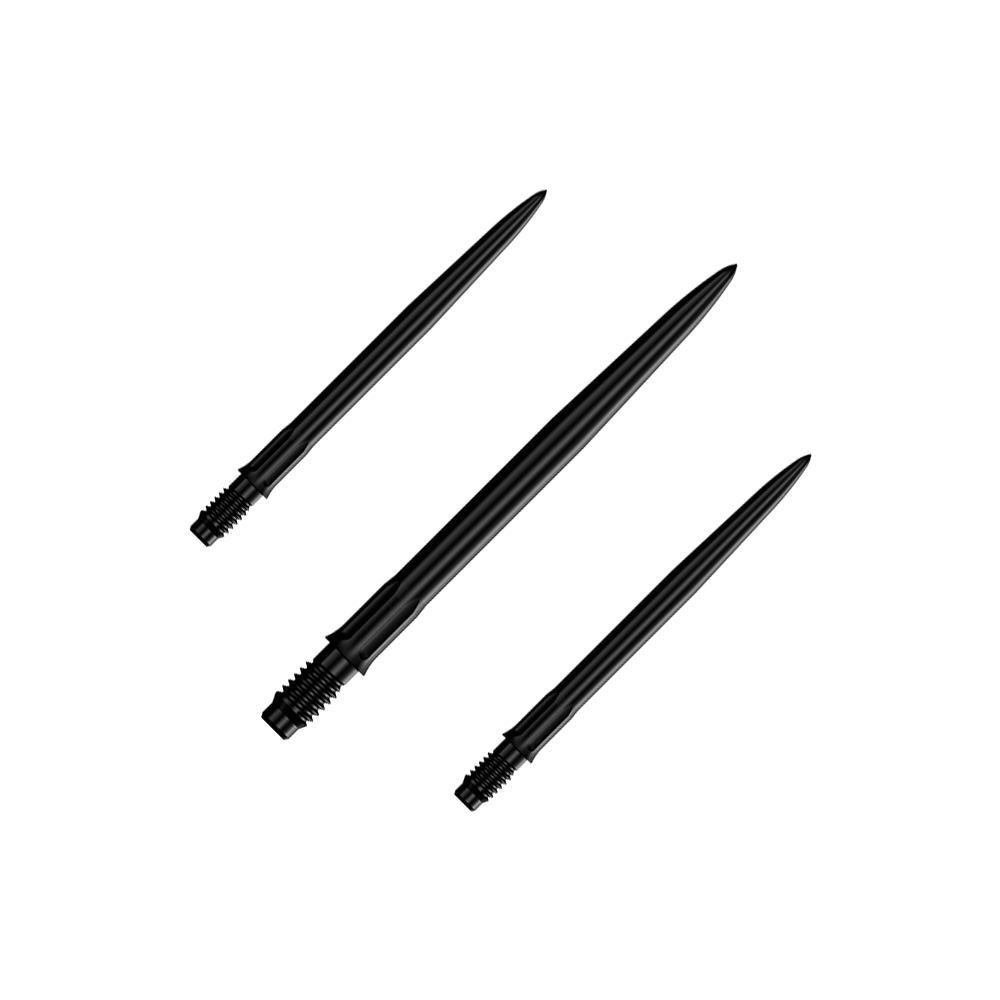 Pointes de fléchettes Mission R2.5 Rapid Point SM1 - Noires Das Bild zeigt ein Set schwarzer Dartspitzen mit einer Länge von 30 mm. Mehrere Spitzen sind nebeneinander zu sehen.