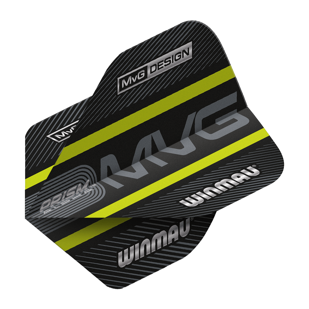 6915-188_Winmau_Prism_Alpha_MvG_Green_Standard_Flights_2 Das Bild zeigt das Produkt "Winmau Prism Alpha MvG Green Standard Flights". Die Flights sind schwarz mit grünen und gelben Akzenten und tragen das Winmau-Logo sowie die Aufschrift "MvG DESIGN".
