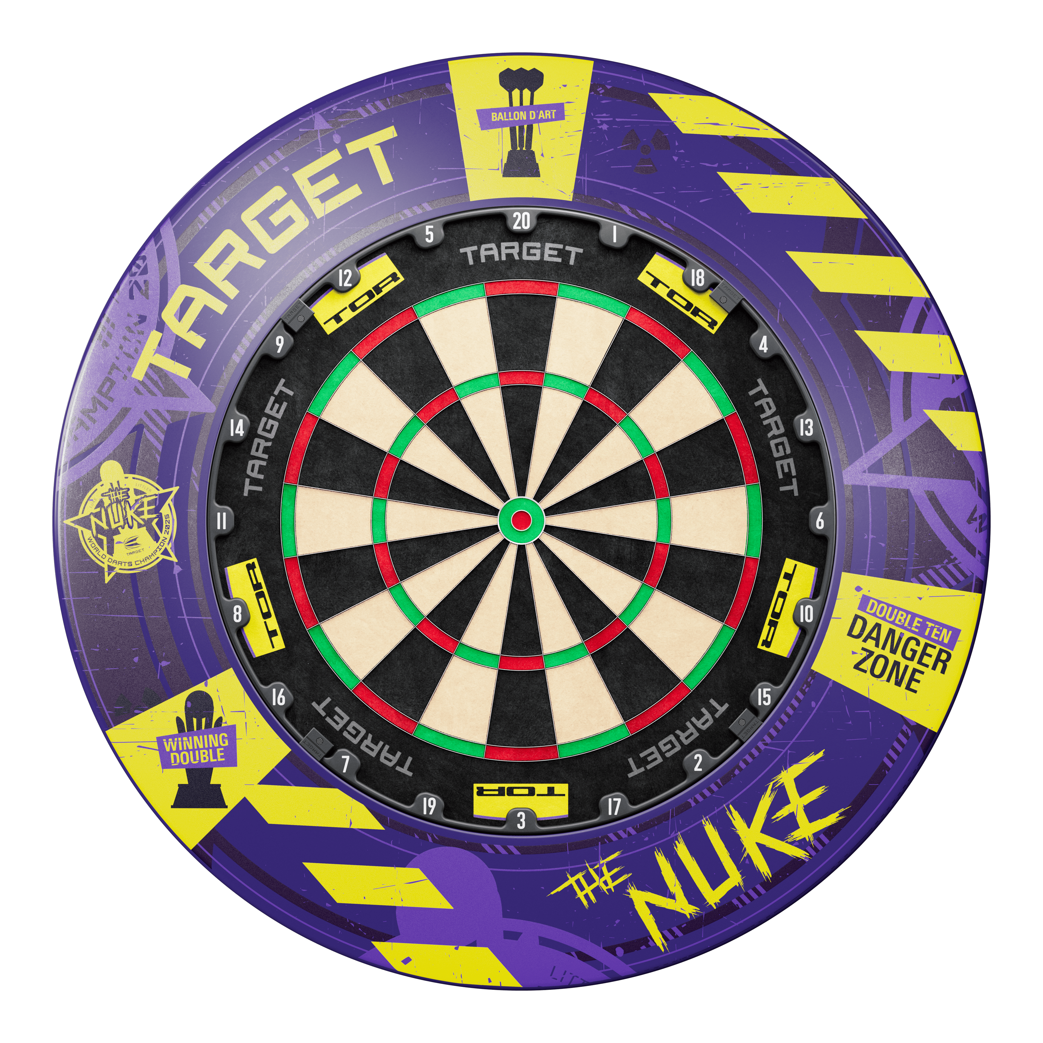 Pack de fléchettes en acier Target Luke Littler, champion du monde 2025. Das Bild zeigt ein Dartboard-Bundle mit einem farbenfrohen Surround im Luke Littler World Champion 2025 Design. Auf dem Surround stehen Begriffe wie "Target", "The Nuke" und verschiedene grafische Elemente und Symbole.