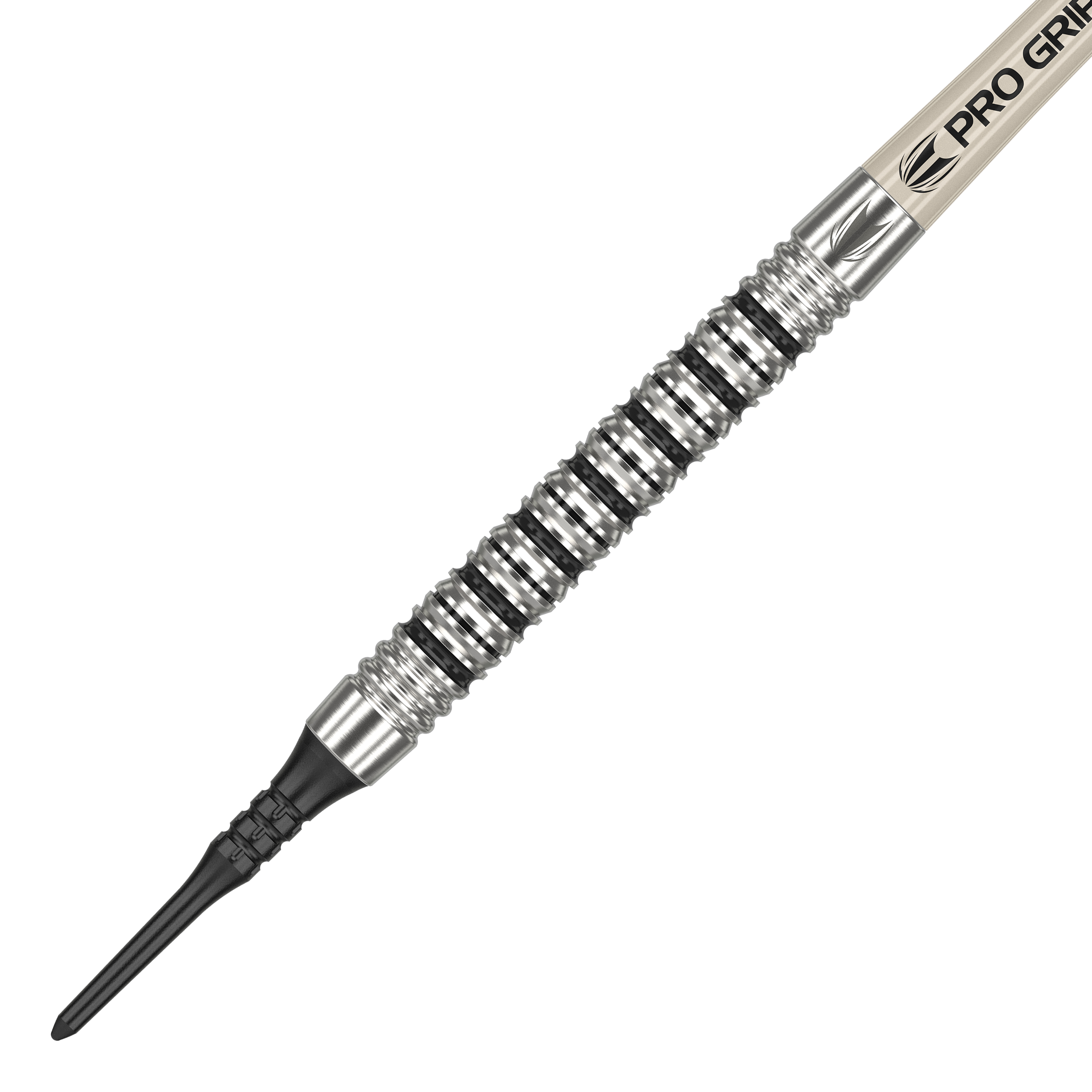 Fléchettes souples Target EXO 11 Das Bild zeigt den Target EXO 11 Softdart. Der Dart hat eine silberne, gerillte Griffzone und eine schwarze Kunststoffspitze.