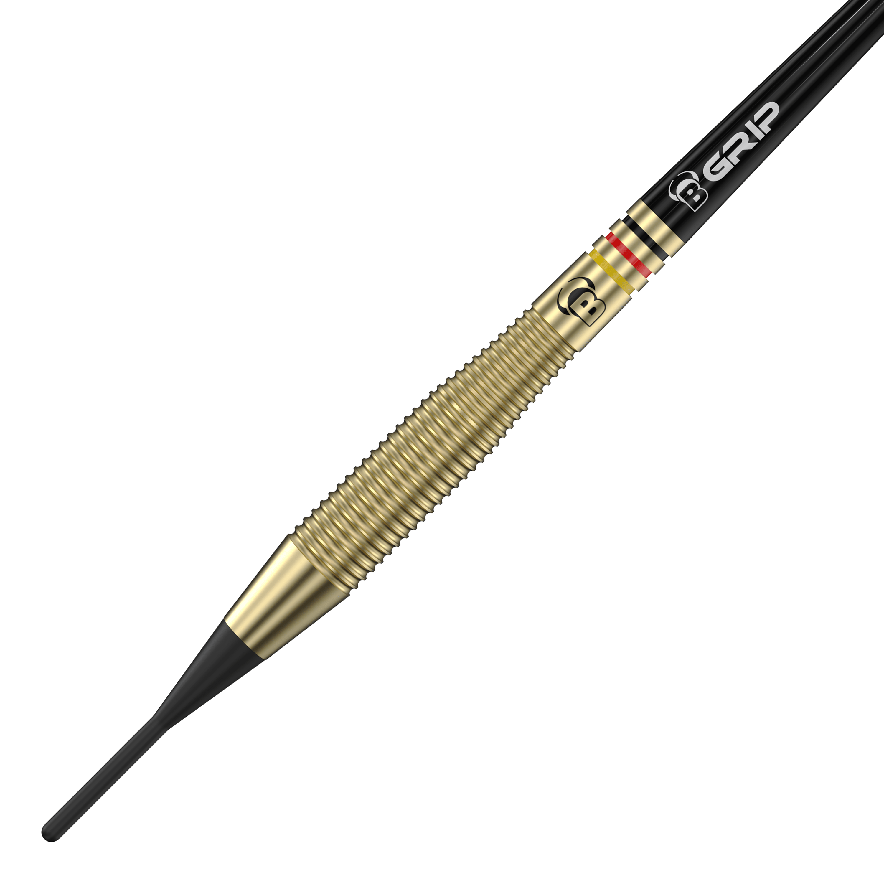 Fléchettes en laiton Bulls Martin Schindler The Wall - 18 g Das Bild zeigt einen Bulls Martin Schindler The Wall Brass Softdart mit einem Gewicht von 18g. Der Dartpfeil hat einen goldfarbenen, geriffelten Messingkörper und eine schwarze Softspitze.