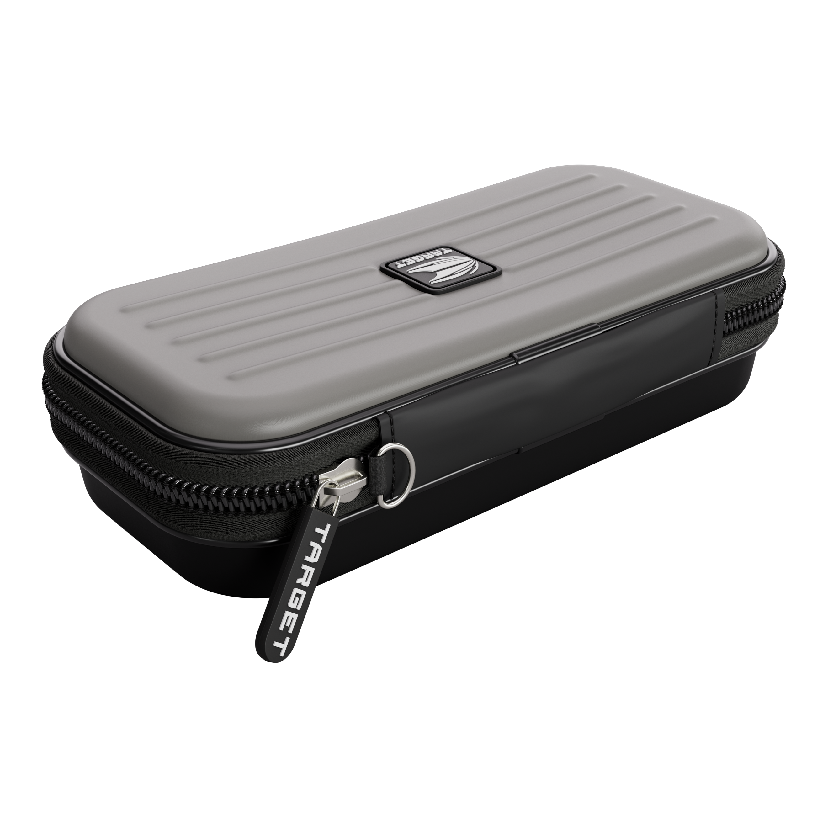 Target Takoma Dartwallet Dies ist ein rechteckiges Etui mit einem grauen, gerillten Deckel und schwarzem Reißverschluss. Auf dem Reißverschluss steht das Wort "TARGET".