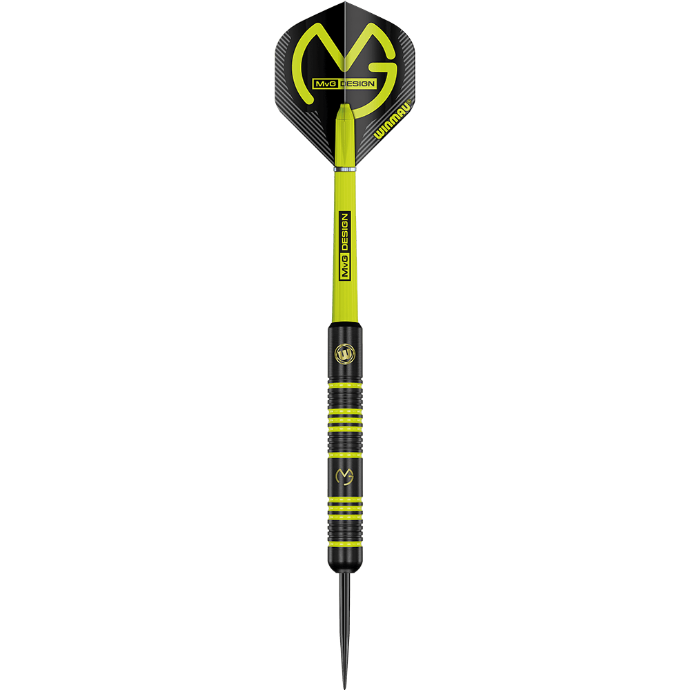 1233_Winmau_Michael_Van_Gerwen_MvG_Ambition_Steeldarts_1tY1VGj9FcJWc8 Das Bild zeigt einen Winmau Michael Van Gerwen MvG Ambition Steeldart. Der Dart ist schwarz mit grünen Akzenten und hat das MvG-Logo auf der Flight.