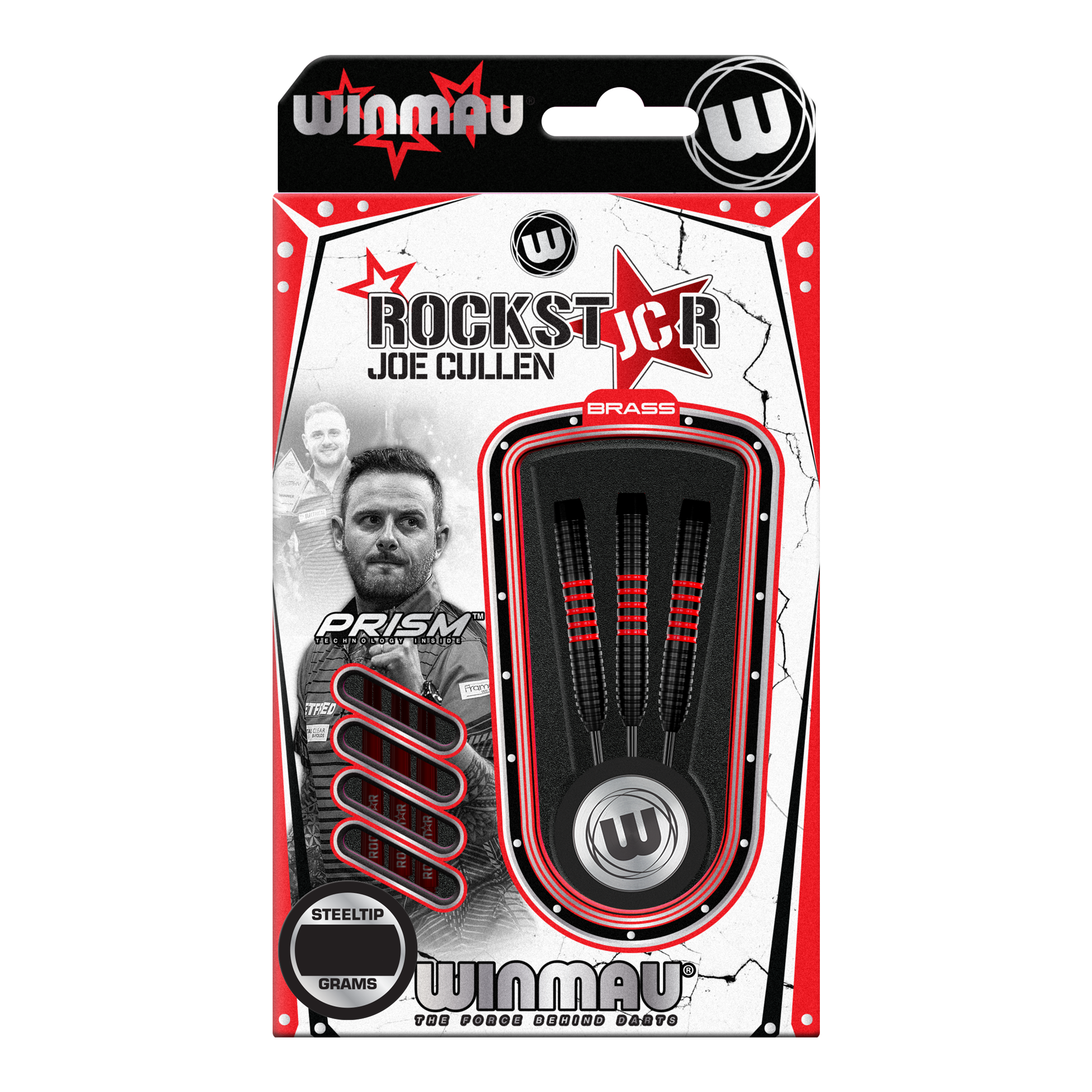 Fléchettes en acier Winmau Joe Cullen en laiton - 20 g Das Bild zeigt die Verpackung der "Winmau Joe Cullen Brass Steeldarts - 20g". In der Verpackung sind drei schwarze Steeldarts mit roten Akzenten zu sehen.