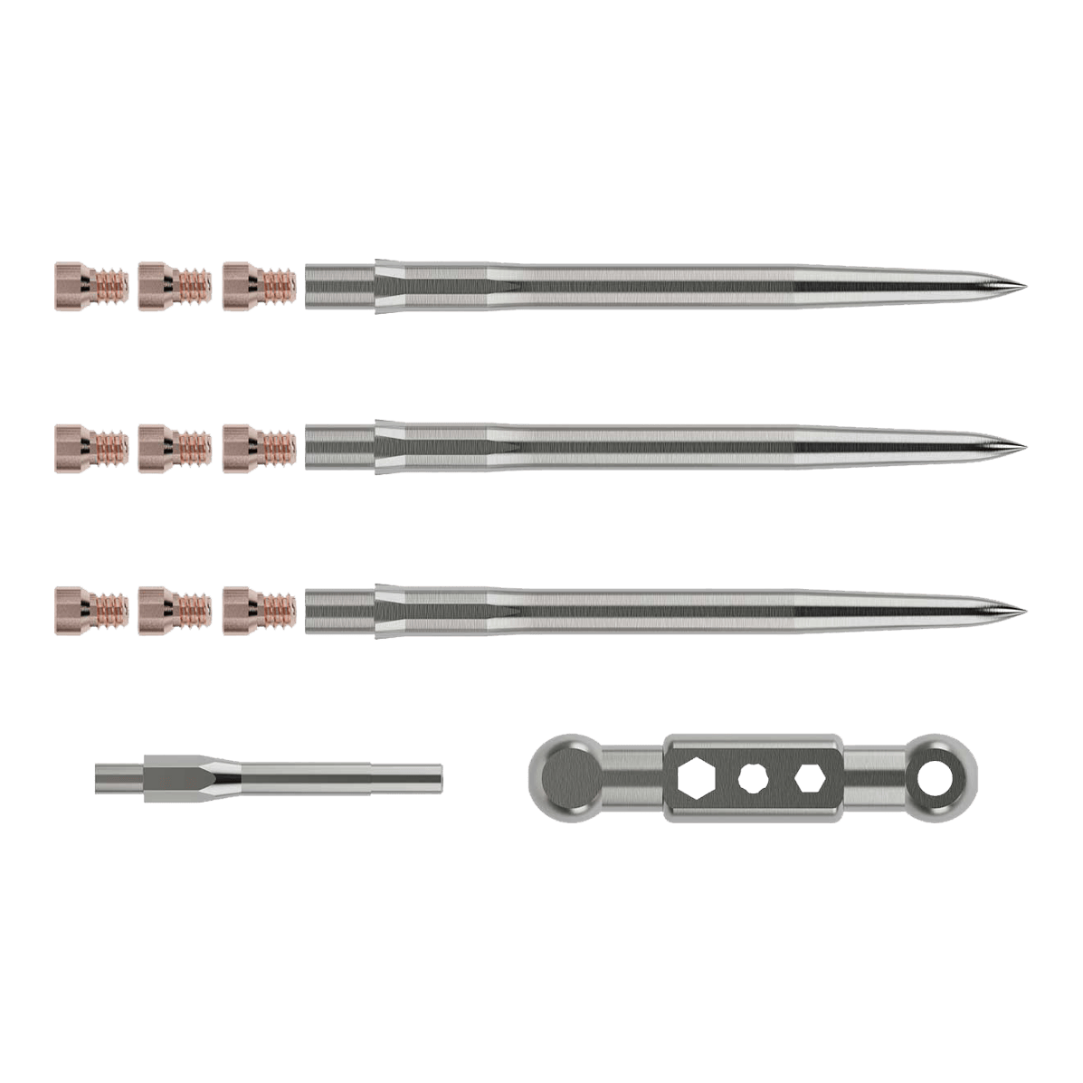 Kit de démarrage Caliburn Das Bild zeigt das Caliburn Starter-Kit mit mehreren metallischen Komponenten. Zu sehen sind lange, spitze Stäbe, kleine Schrauben sowie zwei weitere Werkzeugteile.