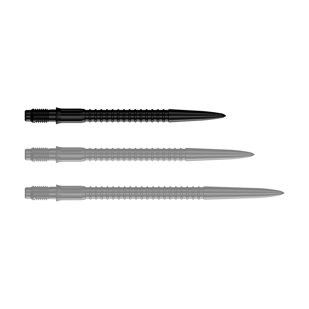 Auf dem Bild sind schwarze Dartspitzen dargestellt. Diese Dartspitzen sind 30 mm lang.