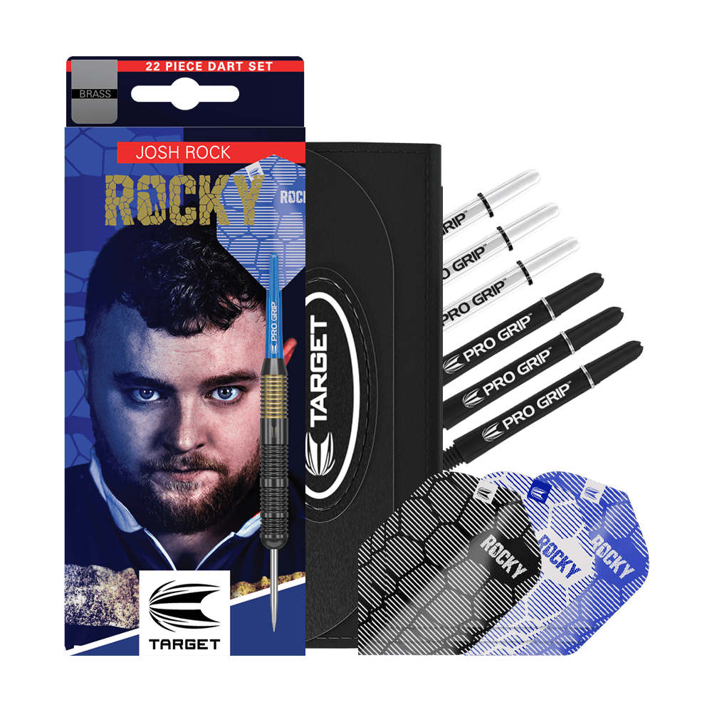 Fléchettes en acier laiton Target Josh Rock - 22 g Das Bild zeigt das Produkt "Target Josh Rock Brass Steeldarts - 22g" mit Verpackung, Dartpfeilen und Zubehör. Das Set enthält mehrere Flights und Schäfte sowie ein Etui.