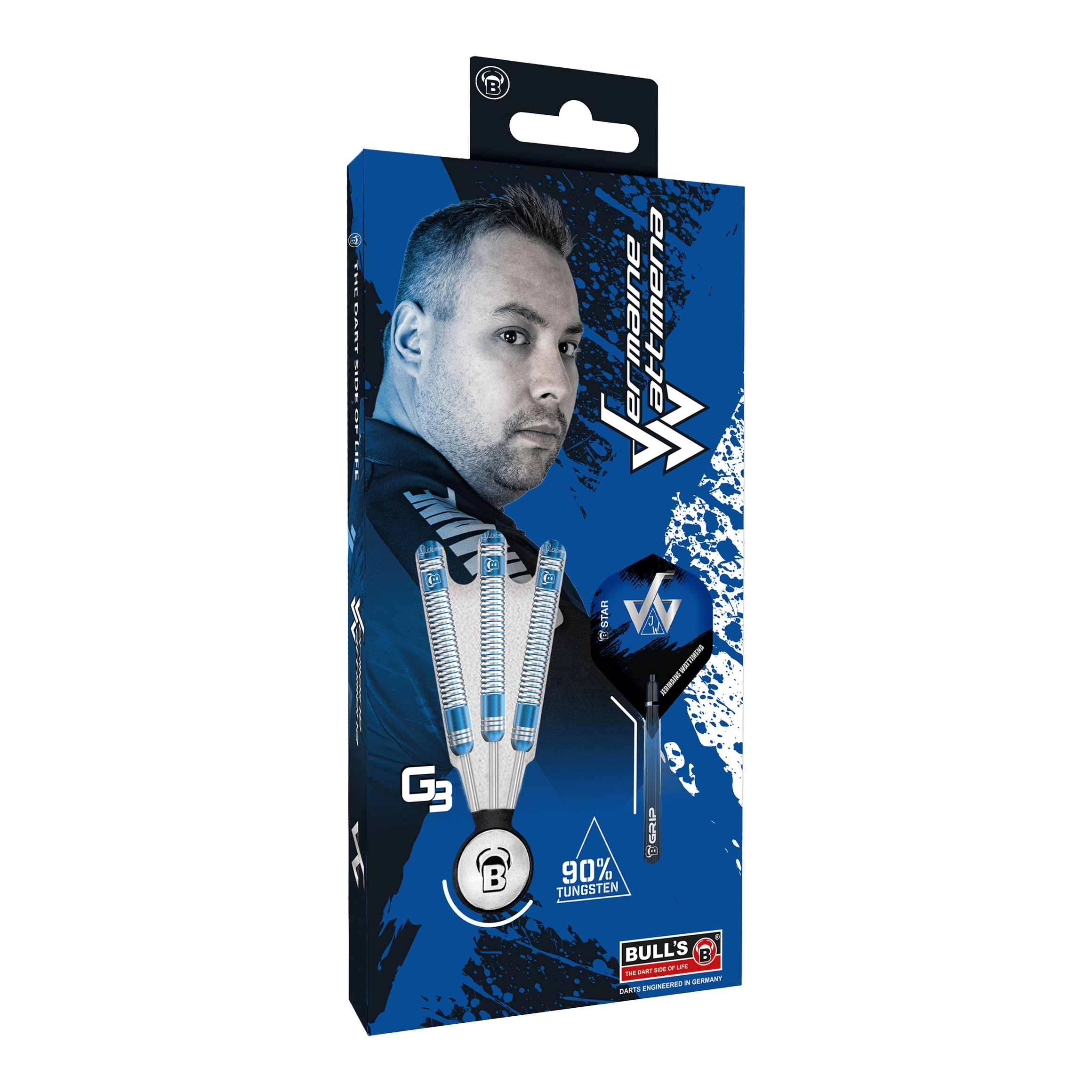 Fléchettes en acier Bulls Jermaine Wattimena Génération 3 Die Verpackung zeigt die Bulls Jermaine Wattimena Generation 3 Steeldarts mit 90% Tungsten. Auf der Vorderseite ist ein Bild von Jermaine Wattimena und die drei Darts abgebildet.