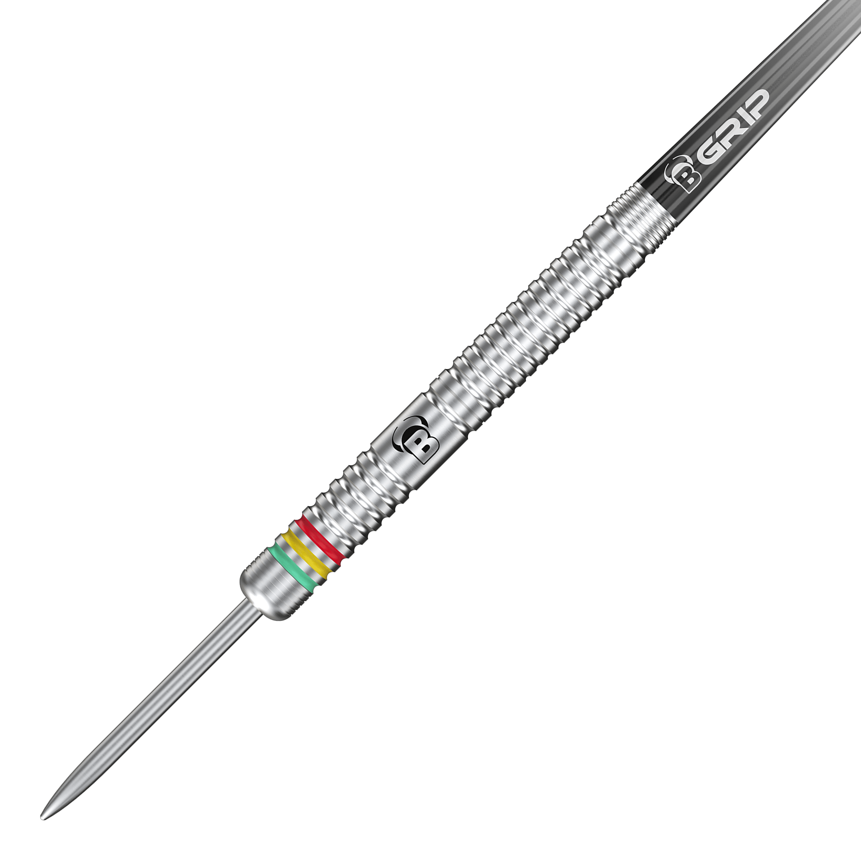 Fléchettes en acier Bulls Martijn Dragt - 24 g Das Bild zeigt einen silbernen Steeldart mit Rillen und bunten Ringen nahe der Spitze. Auf dem Dart steht "B GRIP" und es handelt sich um das Modell "Bulls Martijn Dragt Steeldarts - 24g".