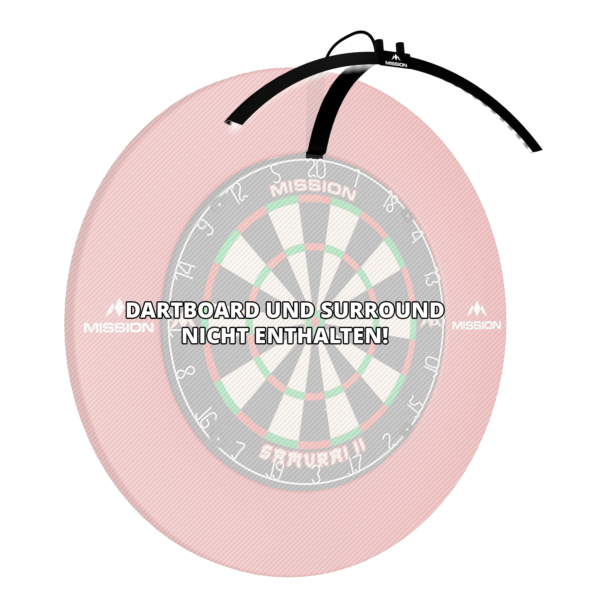 Éclairage LED pliable pour cible de fléchettes Mission Torus 100 Das Bild zeigt die faltbare LED Dartboard Beleuchtung "Mission Torus 100", die über einem Dartboard platziert ist. Ein Hinweis weist darauf hin, dass das Dartboard und das Surround nicht enthalten sind.