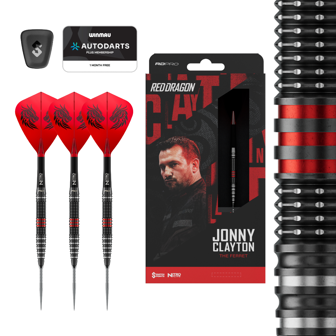 Fléchettes en acier Red Dragon Jonny Clayton RD-PRO Switch Point Dieses Bild zeigt die Red Dragon Jonny Clayton RD-PRO Switch Point Steeldarts. Die Darts liegen auf einem hellen Hintergrund.