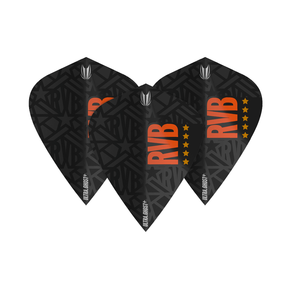 Vols de cerf-volant Target UltraGhost Raymond Van Barneveld GEN2 Das Bild zeigt drei schwarze Dartflights mit dem Schriftzug "RVB" in orange und einem Muster im Hintergrund. Die Flights tragen zusätzlich die Aufschrift "ULTRA GHOST+" und sind mit fünf Sternen versehen.