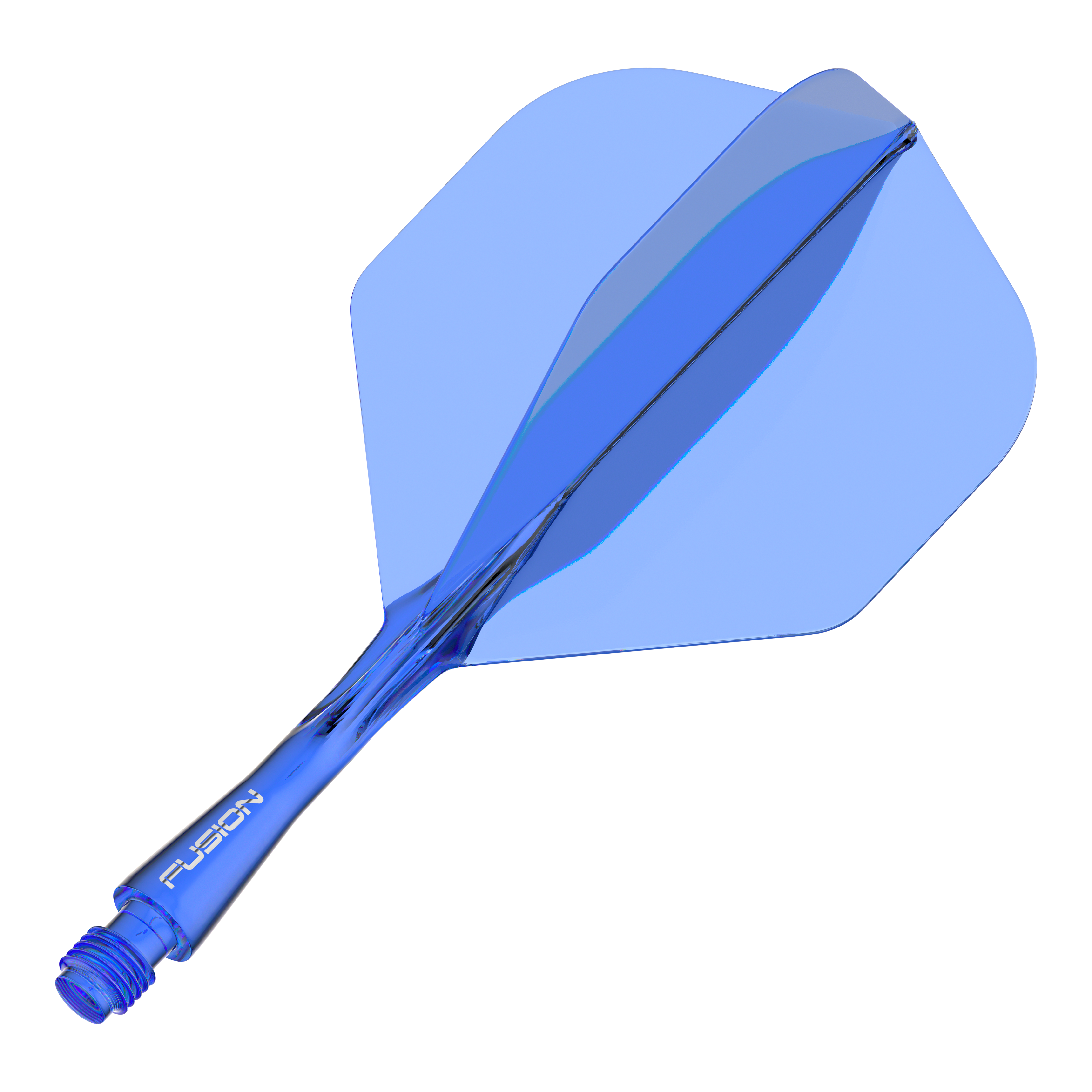 Système d'arbre de vol Winmau Fusion Standard Bleu Das Bild zeigt ein blaues Dart-Flightsystem mit integriertem Schaft. Auf dem Schaft steht das Wort "FUSION".
