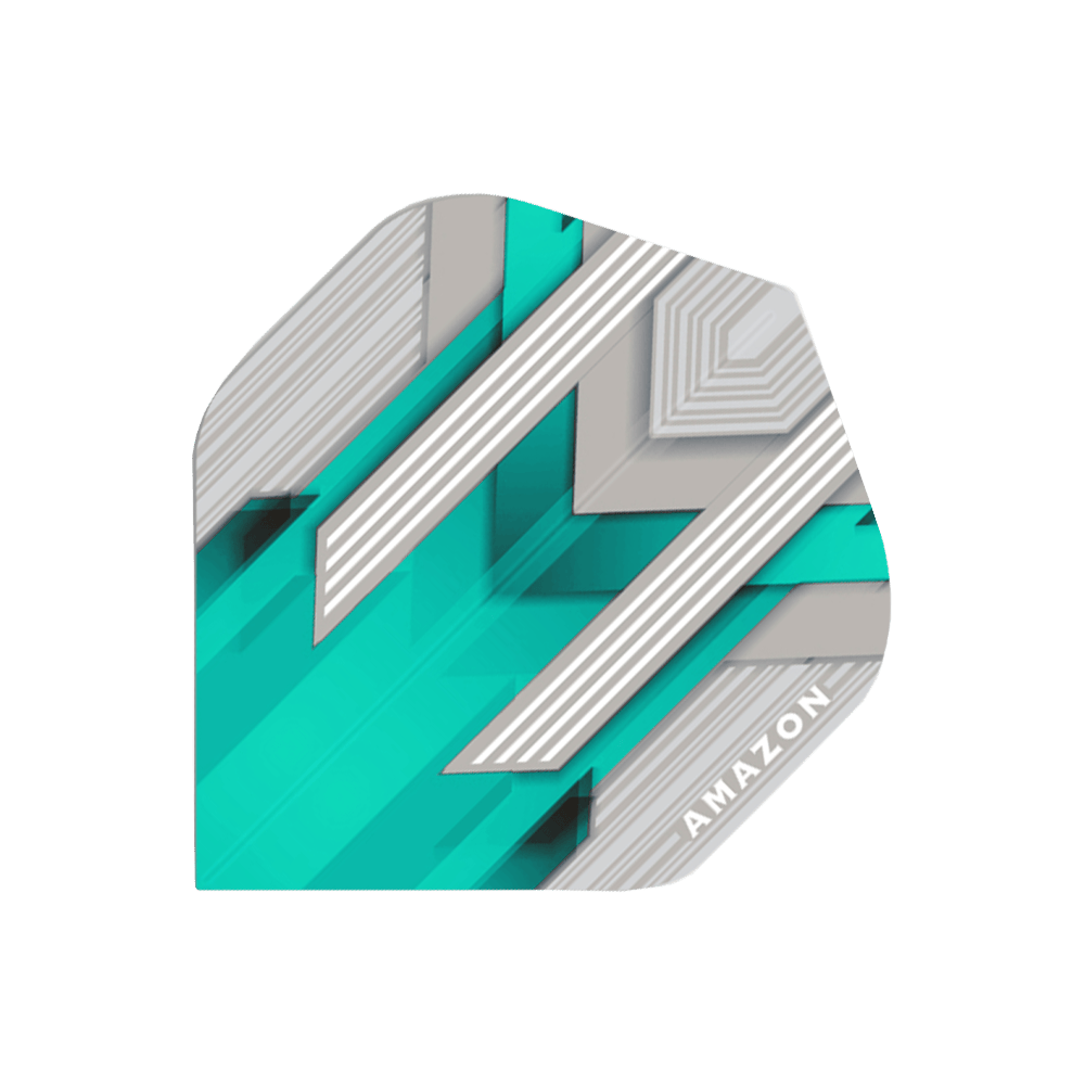 A35-Amazon-Flights-No2-Aqua Das Bild zeigt das Produkt "Amazon Silver No.2 Aqua Flights". Die Flights haben ein modernes Design in Silber und Aqua mit weißen Linien und dem Schriftzug "AMAZON" in der Ecke.