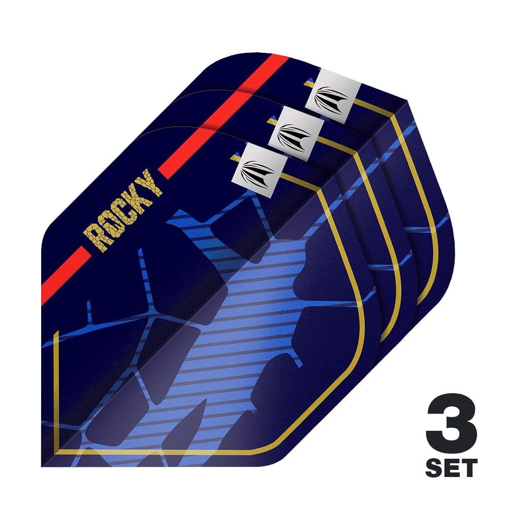 Ailettes standard Target Pro Ultra Josh Rock GEN1 n°2 - 3 jeux Das Bild zeigt drei Sätze dunkler Dartflights mit dem Schriftzug "ROCKY" und einem auffälligen blauen Muster. In der rechten unteren Ecke steht die Aufschrift "3 SET".
