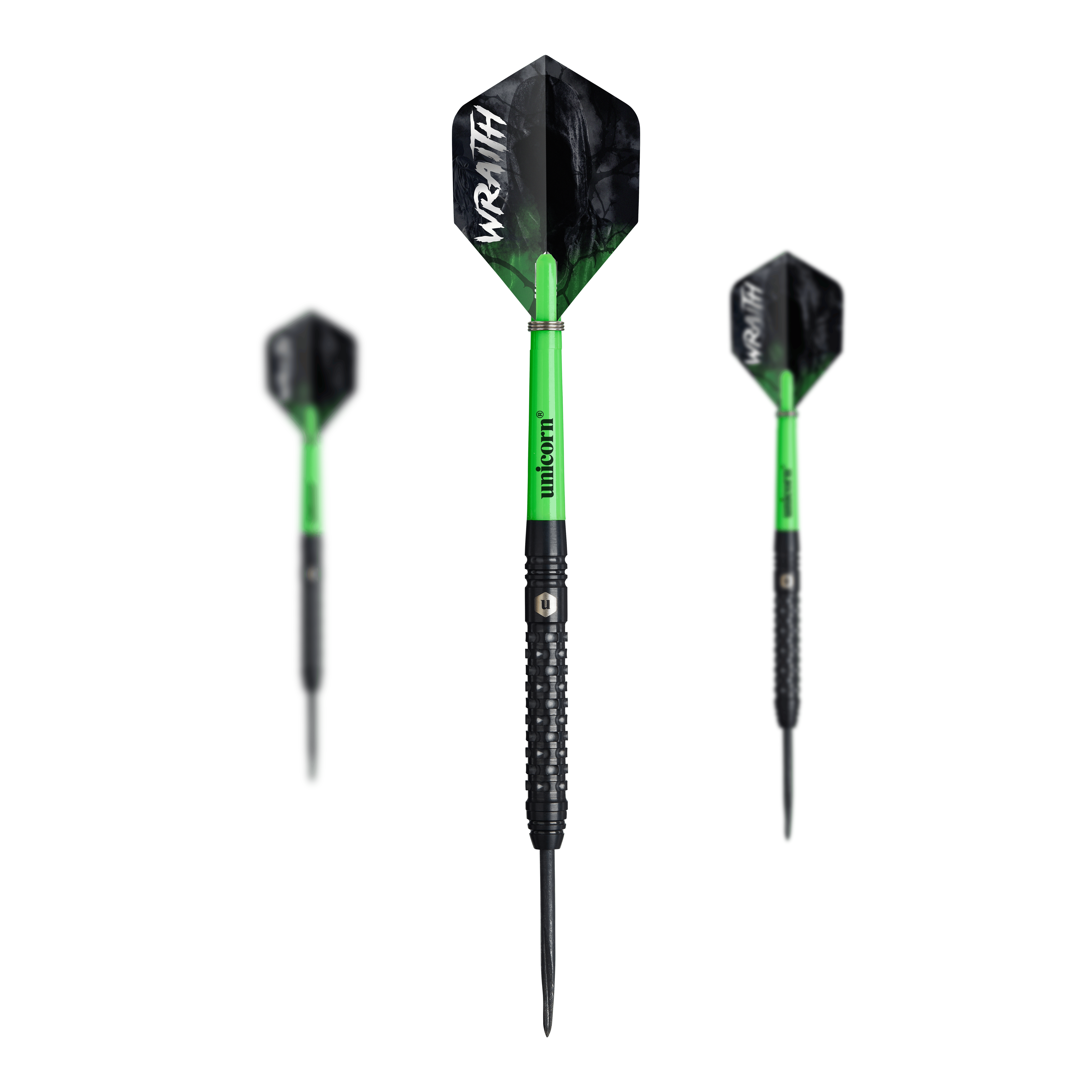 Fléchettes en acier Unicorn Wraith Das Set Unicorn Wraith Steeldarts ist zusammen abgebildet. Das Produkt wirkt hochwertig.