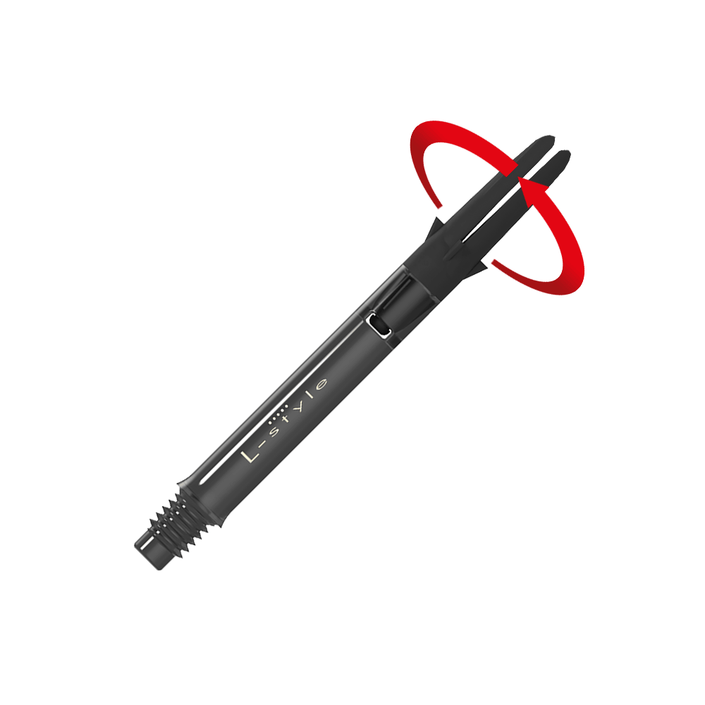 Das Bild zeigt einen schwarzen Dart-Schaft aus Carbon der Marke L-Style. Am oberen Ende ist ein roter, drehender Bewegungseffekt dargestellt.