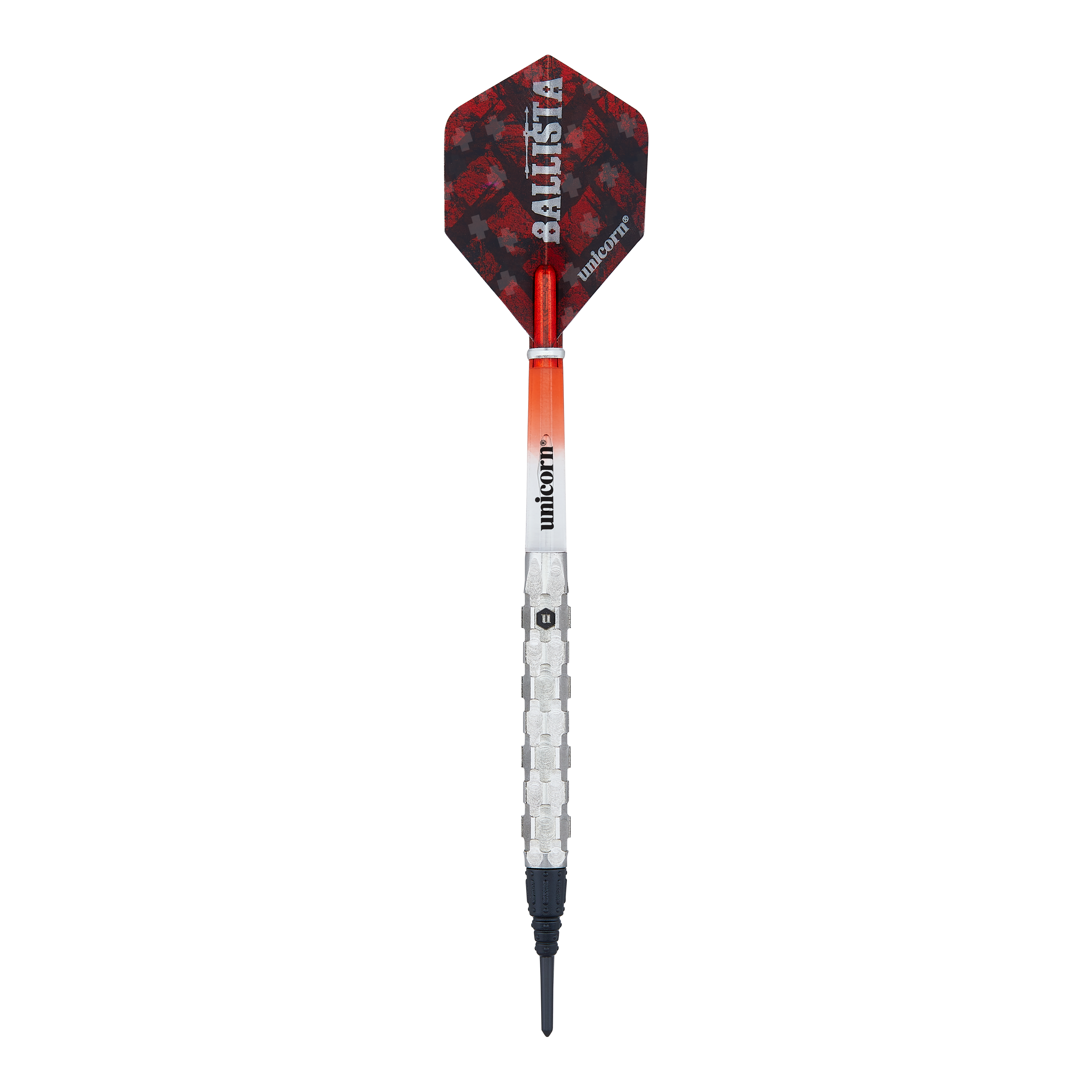 Fléchettes souples Unicorn Ballista Style 1 Das Bild zeigt einen Softdartpfeil des Produkts "Unicorn Ballista Style 1 Softdarts". Der Pfeil hat einen silbernen Schaft, eine schwarze Spitze und ein rot-schwarzes Flight mit der Aufschrift "BALLISTA".