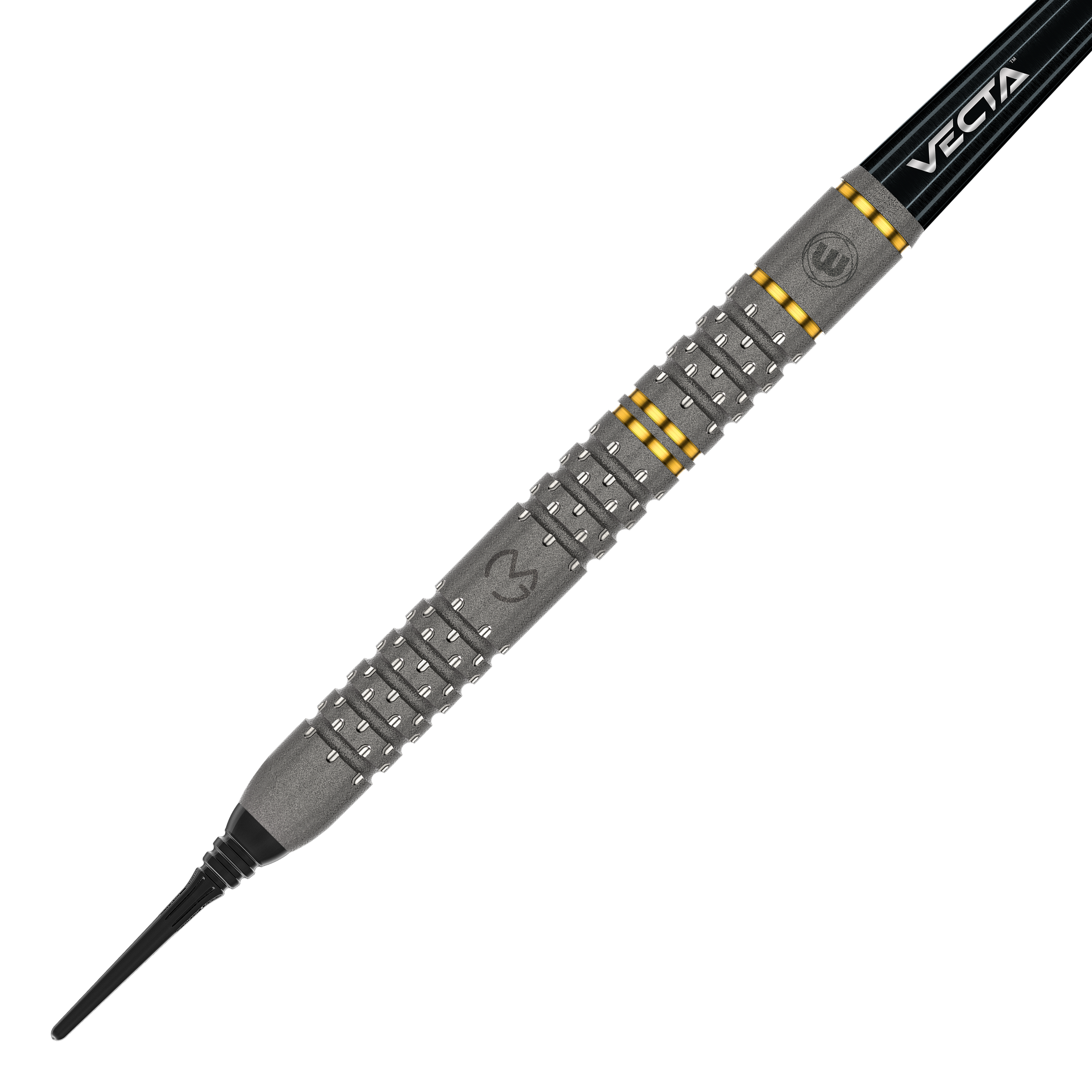 Winmau Michael Van Gerwen Evo-X fléchettes souples - 20g Das Bild zeigt einen Winmau Michael Van Gerwen Evo-X Softdart mit einem Gewicht von 20 Gramm. Der Dart hat ein markantes Design mit silbernen und goldenen Akzenten sowie der Aufschrift "VECTA".