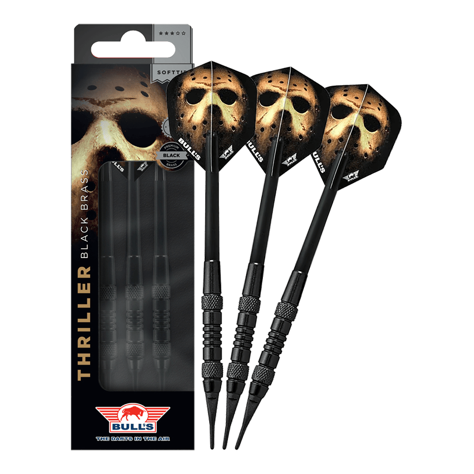 Fléchettes en laiton noir Bulls NL Thriller - 18 g Das Bild zeigt Bulls NL Thriller Black Brass Softdarts mit 18 Gramm. Diese Softdarts zeichnen sich durch ihre schwarze Optik aus.
