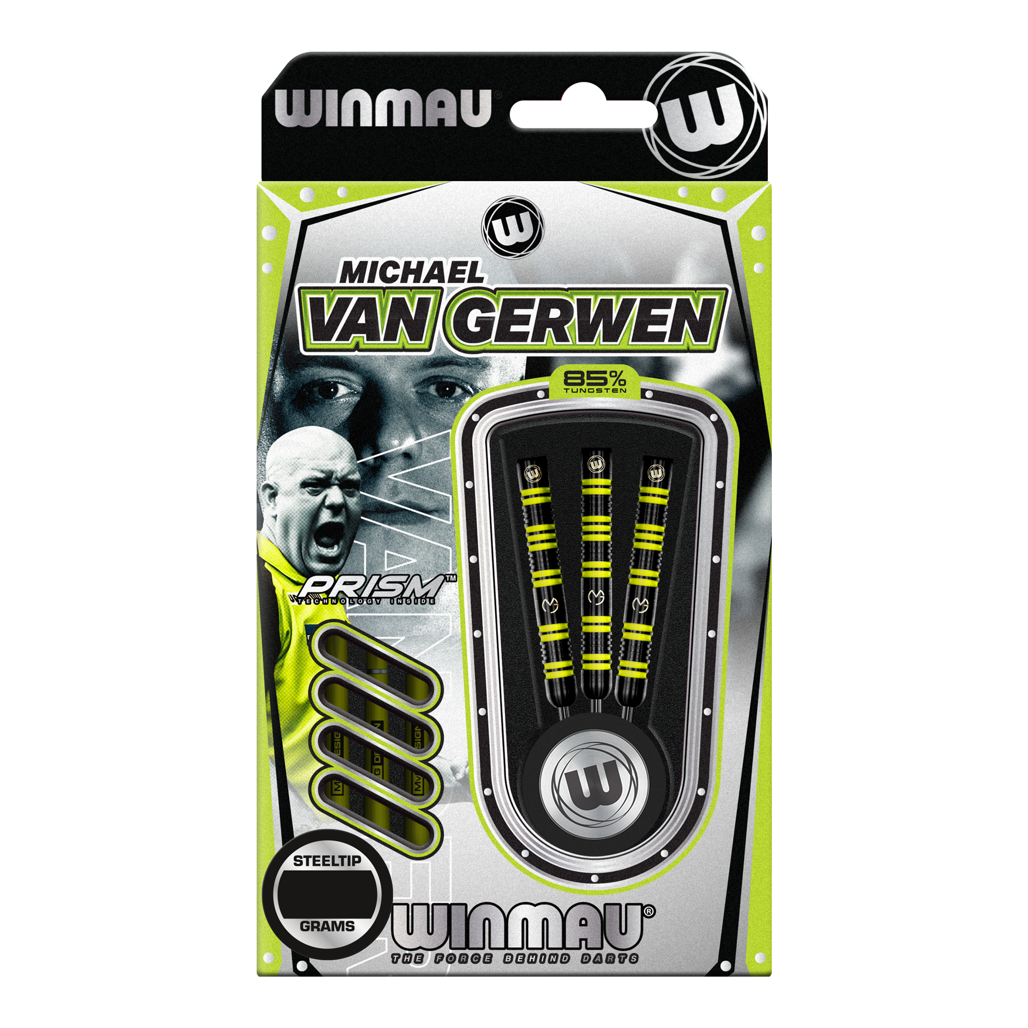 Fléchettes en acier Winmau Michael Van Gerwen 85 Pro-Series Das Bild zeigt eine Packung Winmau Michael Van Gerwen 85 Pro-Series Steeldarts. In der Verpackung sind drei Dartpfeile mit gelb-schwarzem Design sichtbar.