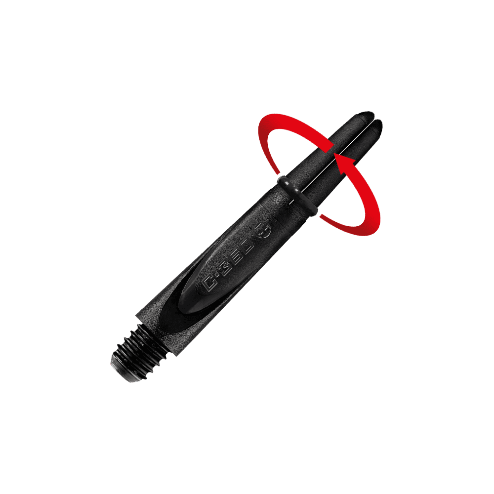 HR458_Harrows_Carbon_360_Shafts_Schwarz_35mm_2_Symbol Das Bild zeigt einen schwarzen Dart-Schaft mit einer drehenden roten Pfeilmarkierung. Der Schaft hat die Aufschrift „C-360“ und ein Gewinde am unteren Ende.