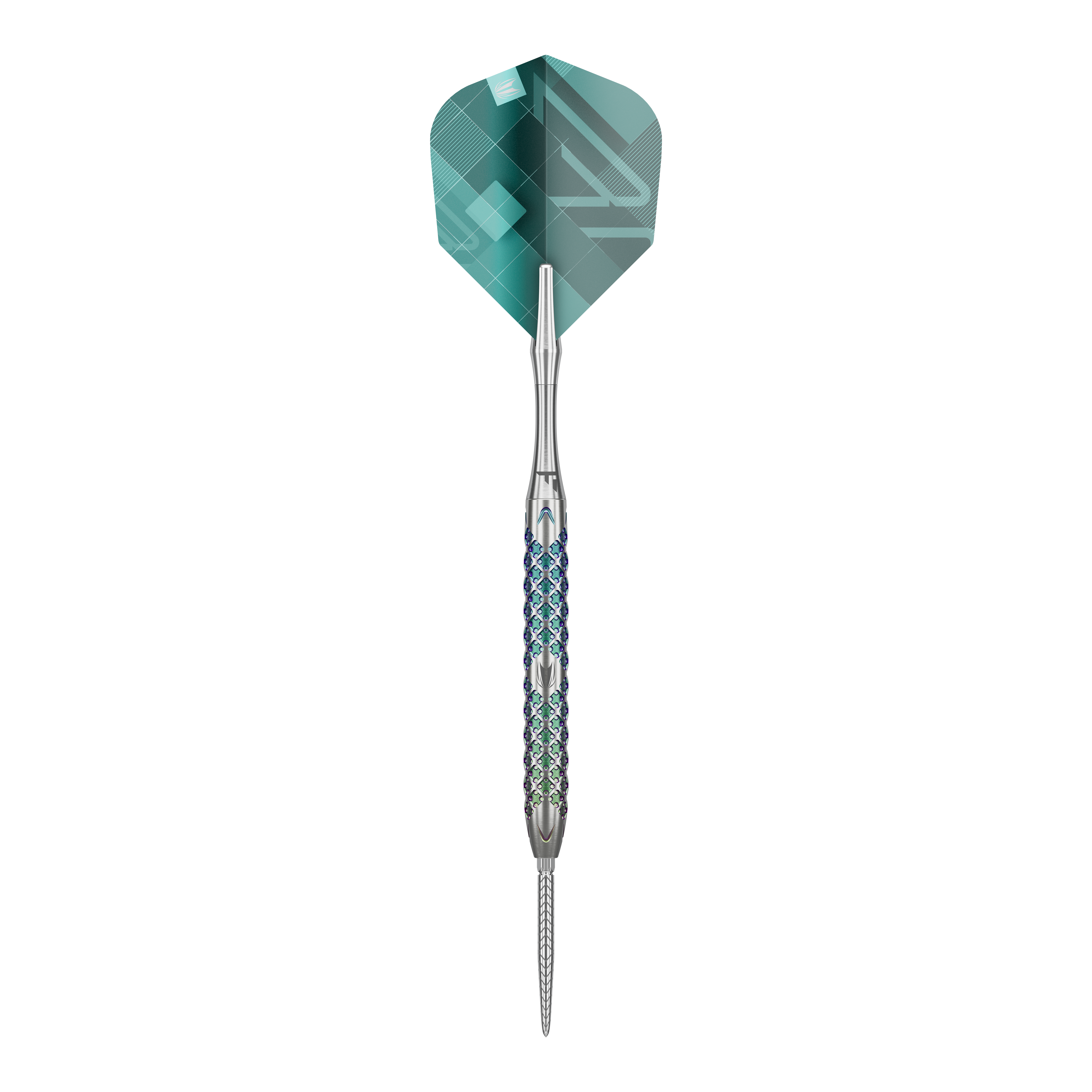 Fléchettes en acier Target Rove 01 Swiss Point Das Bild zeigt den Target Rove 01 Swiss Point Steeldart. Der Dart hat ein silbernes Barrel mit einem blauen Muster und grüne Flights.