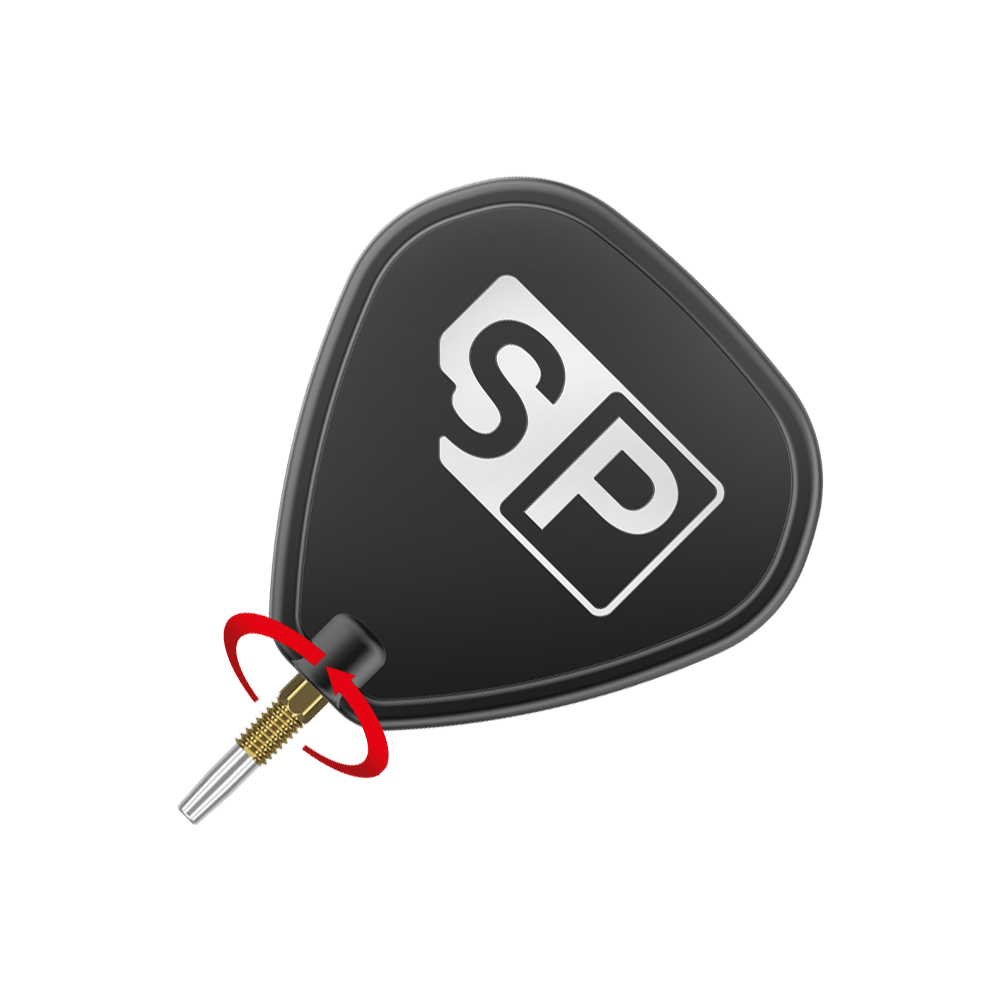 Pointes de fléchettes Target Swiss Point Gold Das Bild zeigt eine schwarze Dart-Flügel mit den weißen Buchstaben "SP" darauf. Unten ist eine goldene Dartspitze mit einem roten Pfeil, der eine Drehbewegung anzeigt.