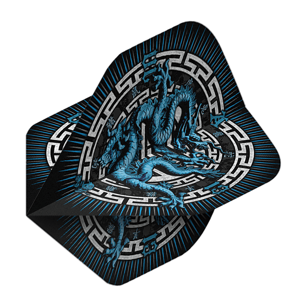 Vols Standard Alchemy Année du Dragon N°2 Dieses Bild zeigt die "Alchemy Year Of The Dragon No2 Standard Flights". Auf den Flights ist ein blauer Drache mit asiatischem Muster auf schwarzem Hintergrund abgebildet.