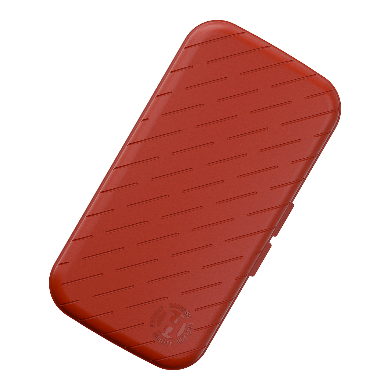 Étui à fléchettes Harrows Slimcase Dies ist ein schlankes, rotes Etui mit einem diagonalen Linienmuster auf der Oberfläche. In einer Ecke befindet sich ein geprägtes Logo von Harrows.