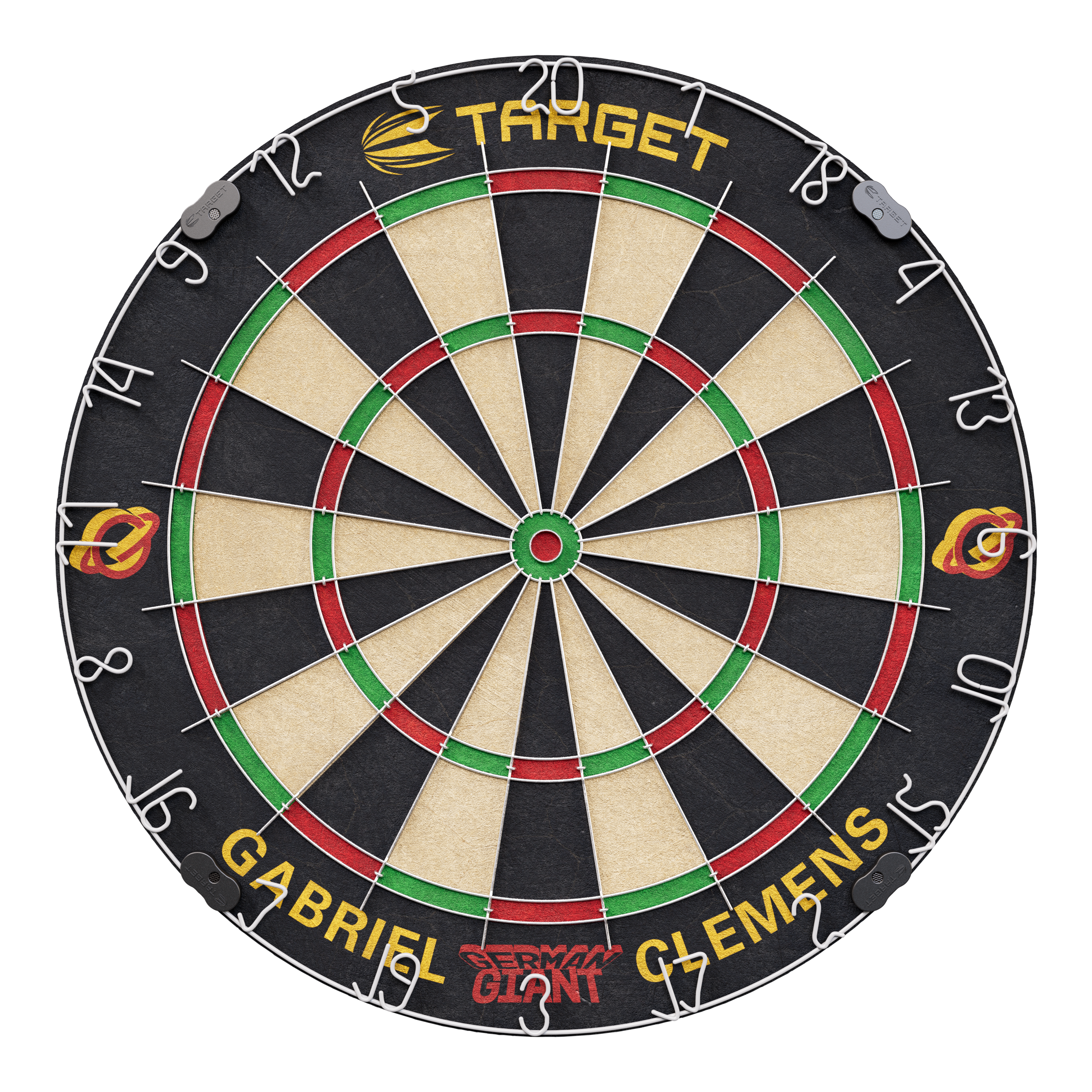 Jeu de fléchettes en acier Target Gabriel Clemens Dies ist eine Steeldartscheibe mit dem Namen "Target Gabriel Clemens Steeldartboard Set". Auf der unteren Seite sind die Wörter "Gabriel Clemens" und "German Giant" zu sehen.