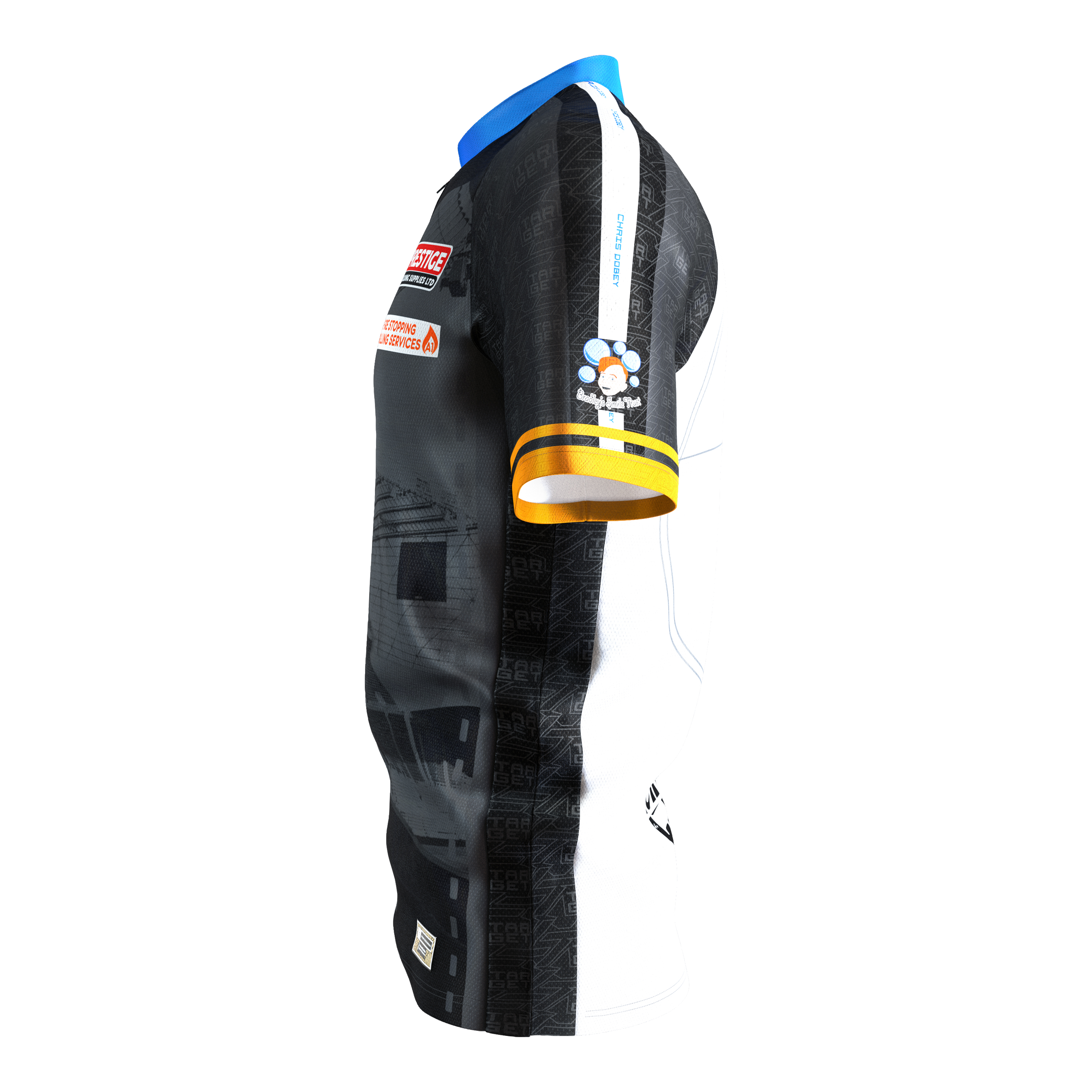Maillot de fléchettes Target Coolplay Chris Dobey 2025 Das Bild zeigt das "Target Coolplay Chris Dobey 2025 Dartshirt" aus seitlicher Ansicht. Das Shirt hat ein modernes Design mit schwarzen und weißen Bereichen sowie bunten Akzenten und Sponsorenlogos.
