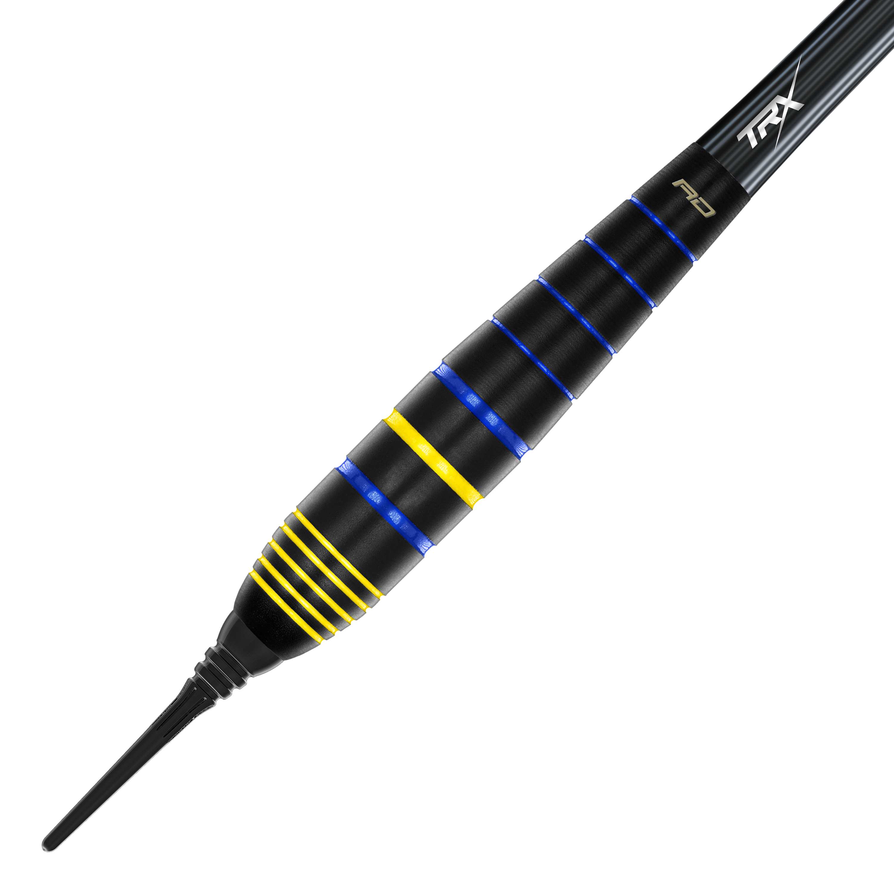Fléchettes souples Red Dragon Luke Humphries, champion du monde, en laiton - 20 g Das Bild zeigt den Red Dragon Luke Humphries World Champion Brass Softdart mit einem Gewicht von 20g. Der Dart ist schwarz mit blauen und gelben Rillen verziert.