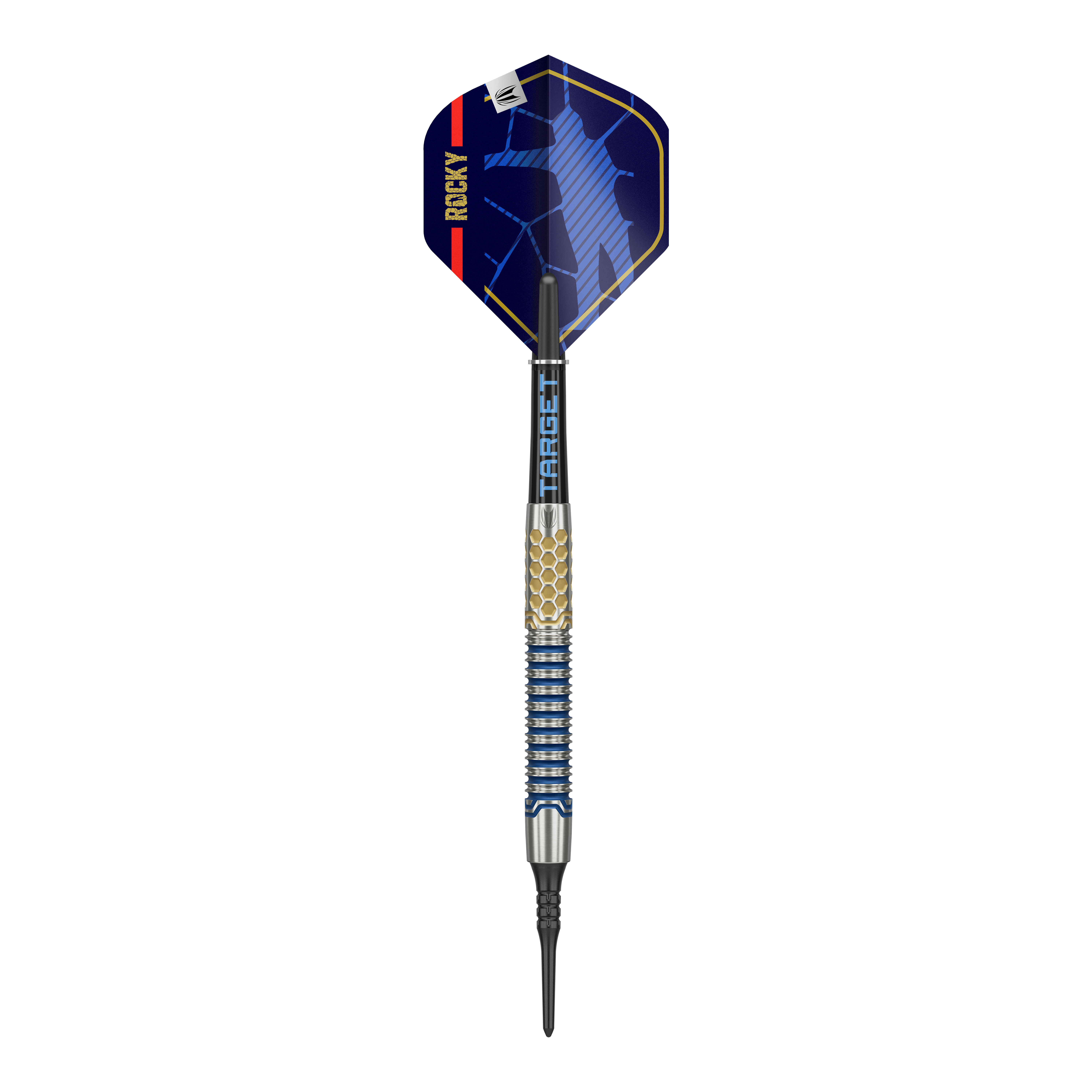 Fléchettes souples Target Josh Rock GEN1 - 20 g Das Bild zeigt einen Target Josh Rock GEN1 Softdart mit einem Gewicht von 20g. Der Dartpfeil hat ein modernes Design mit blauen und goldenen Akzenten.